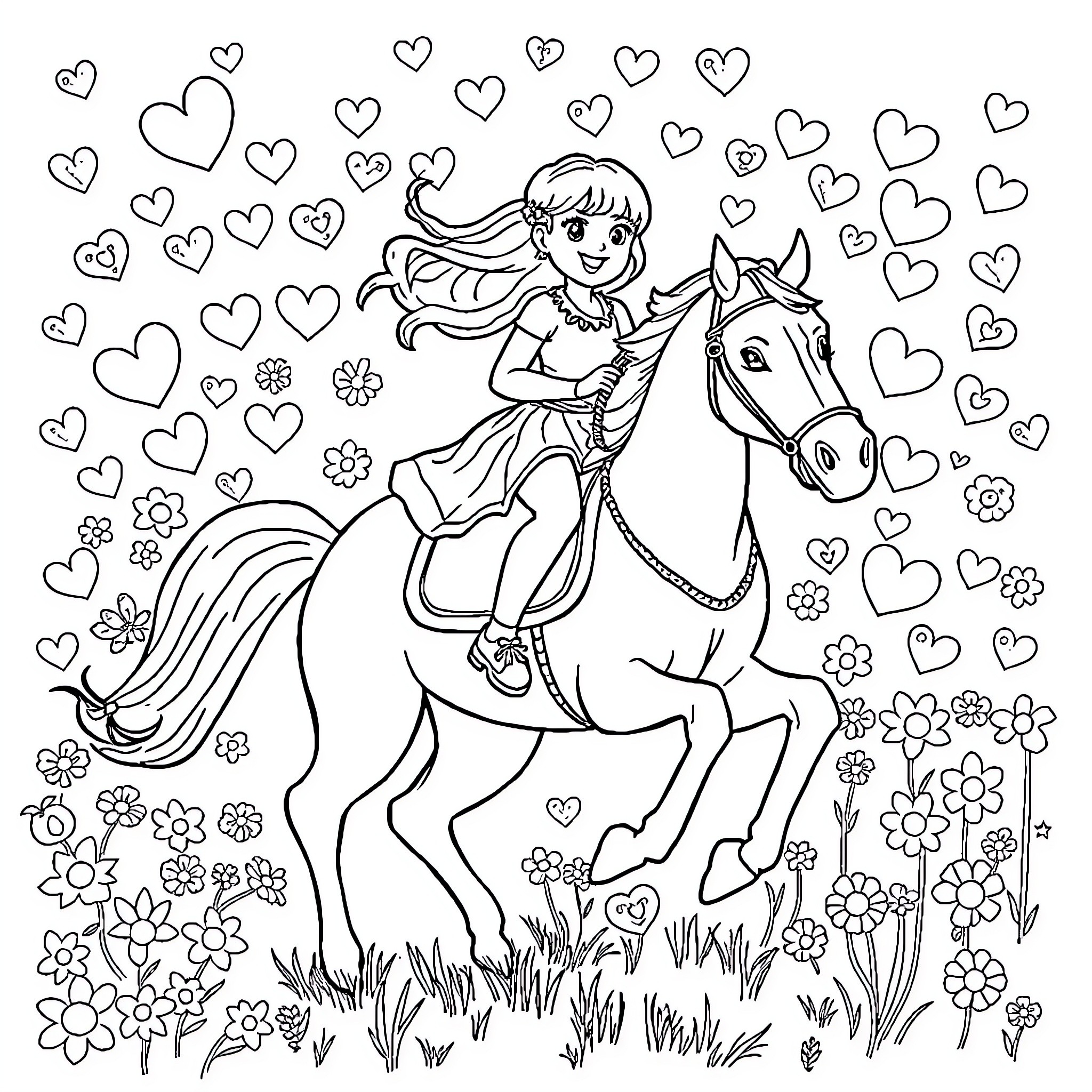 Horse and Rider with Hearts and Flowers Coloring Page (free black-and-white line drawing printable PDF for all, from beginners to advanced learners, including children, teens, adults, and seniors)