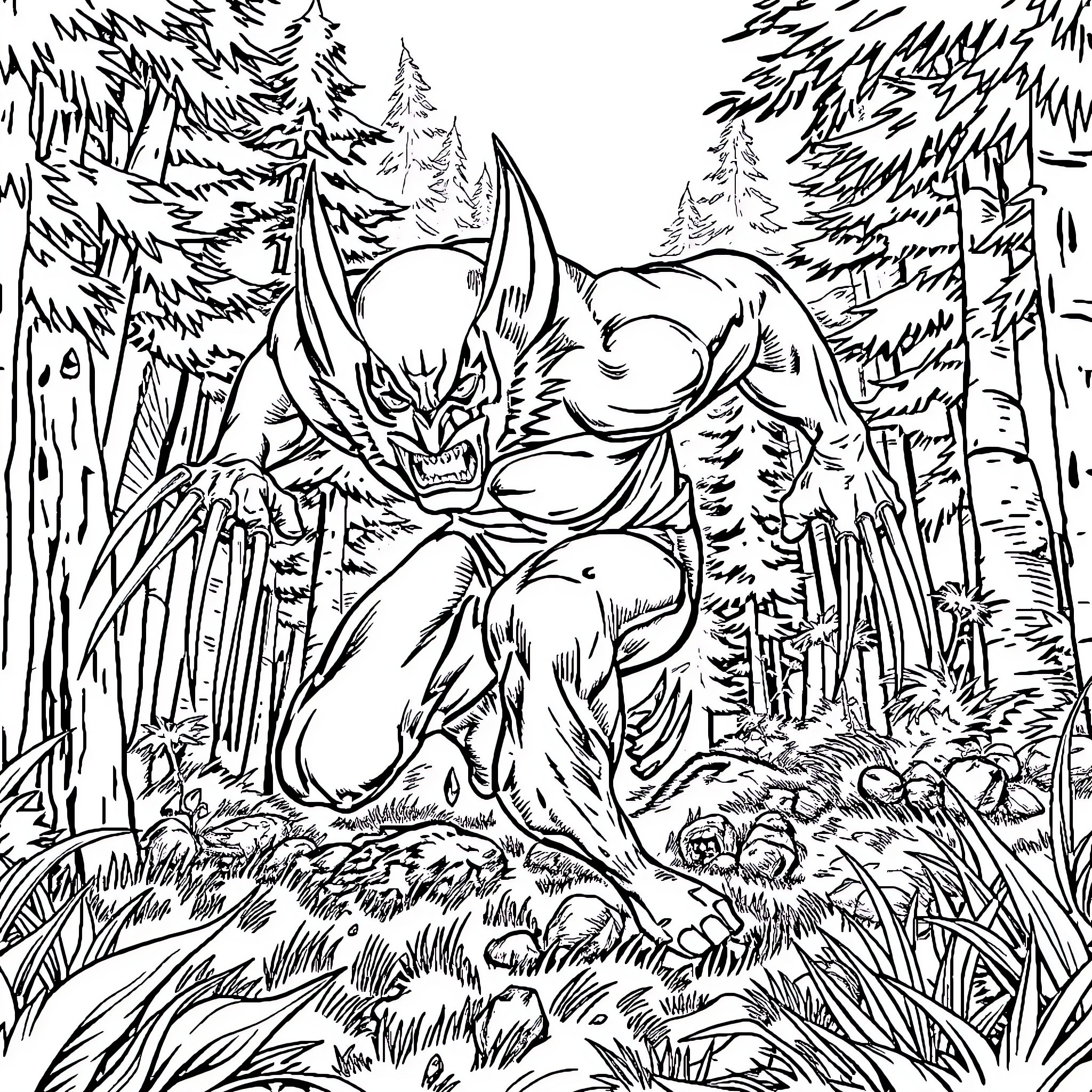 Wolverine exploring the wilderness with determination Coloring Page (free black-and-white line drawing printable PDF for all, from beginners to advanced learners, including children, teens, adults, and seniors)