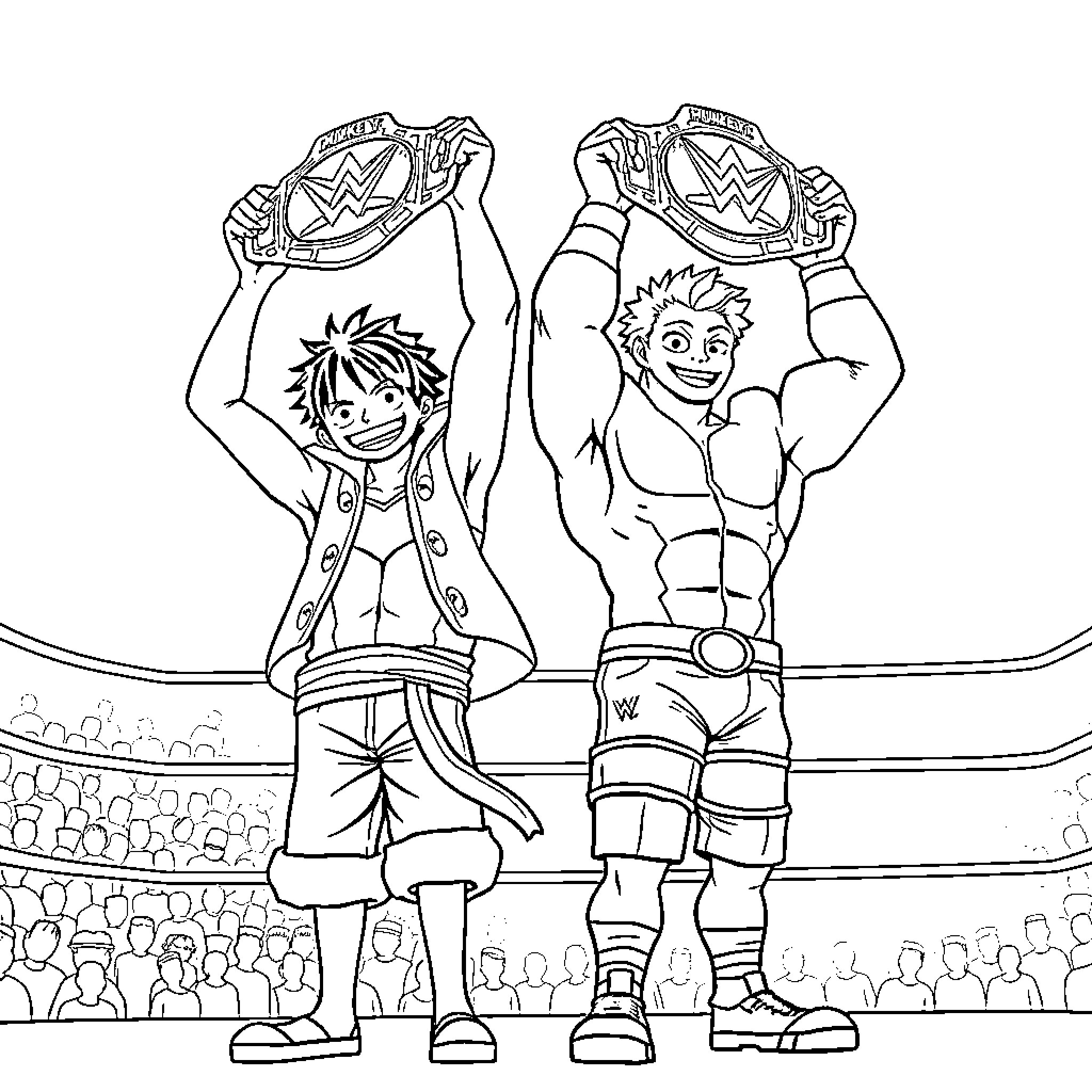 Monkey D Luffy and friend celebrating wrestling victory Coloring Page (free black-and-white line drawing printable PDF for all, from beginners to advanced learners, including children, teens, adults, and seniors)
