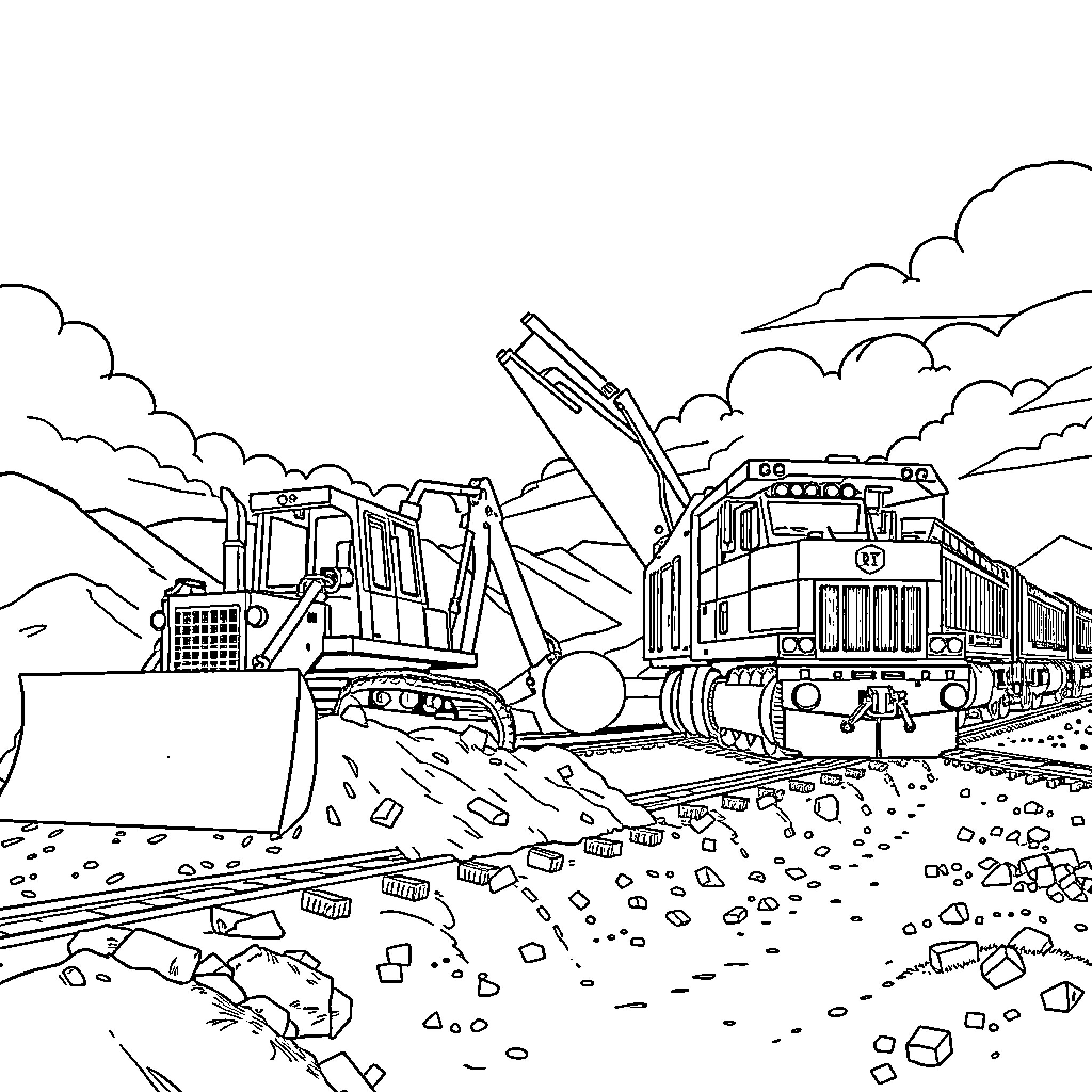 Bulldozer pushing debris on railway track Coloring Page (free black-and-white line drawing printable PDF for all, from beginners to advanced learners, including children, teens, adults, and seniors)