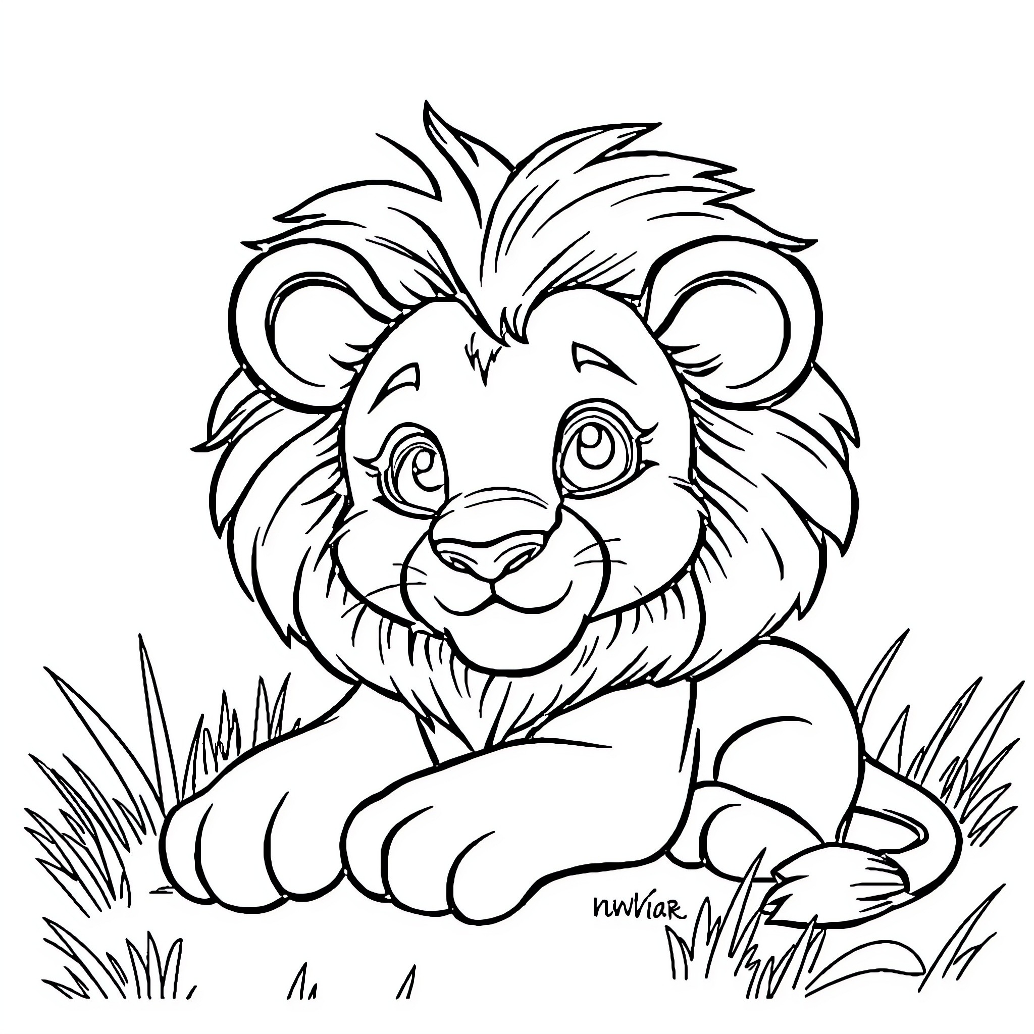 Lion cub resting peacefully in the wild Coloring Page (free black-and-white line drawing printable PDF for all, from beginners to advanced learners, including children, teens, adults, and seniors)