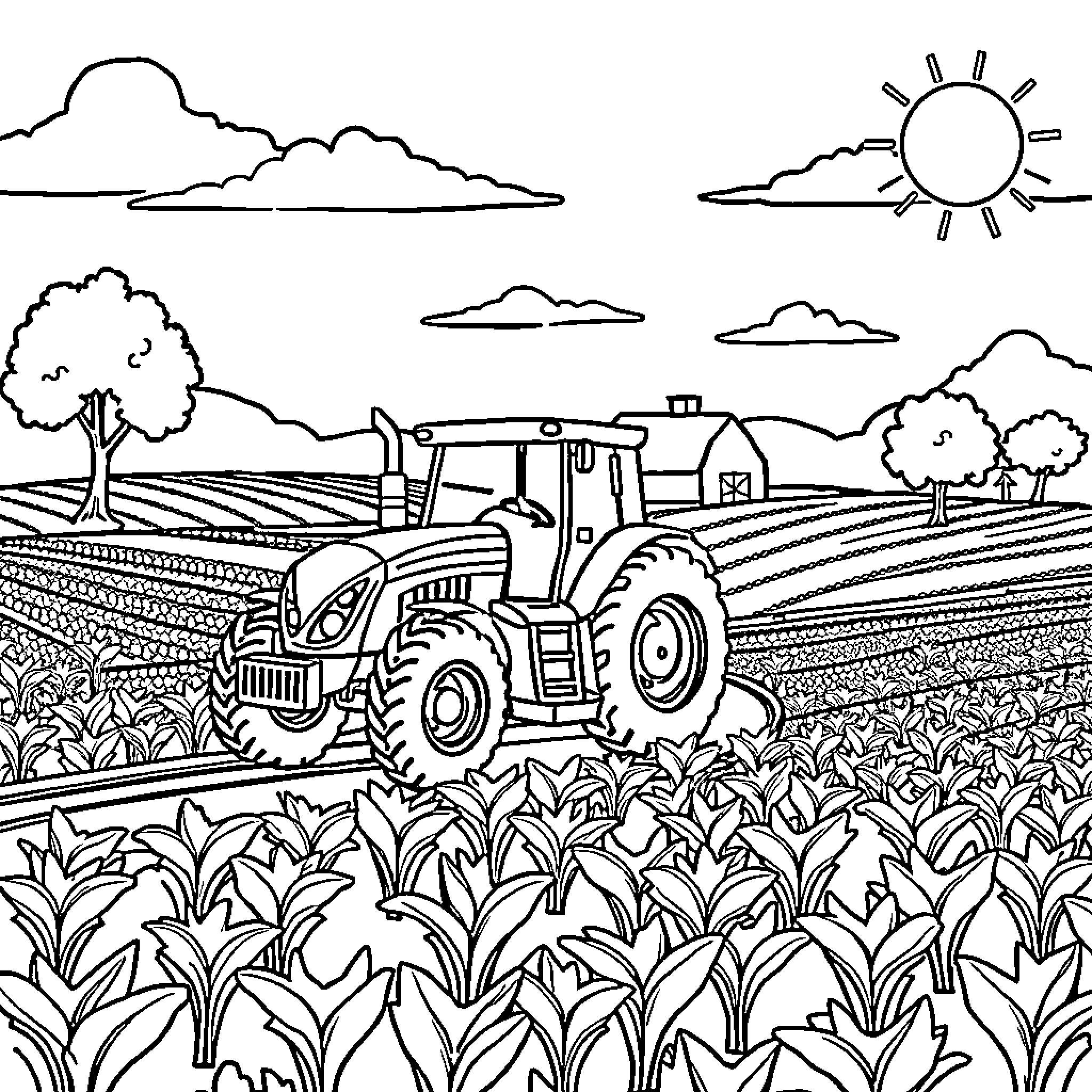 Tractor Plowing the Fields on a Sunny Day Coloring Page (free black-and-white line drawing printable PDF for all, from beginners to advanced learners, including children, teens, adults, and seniors)