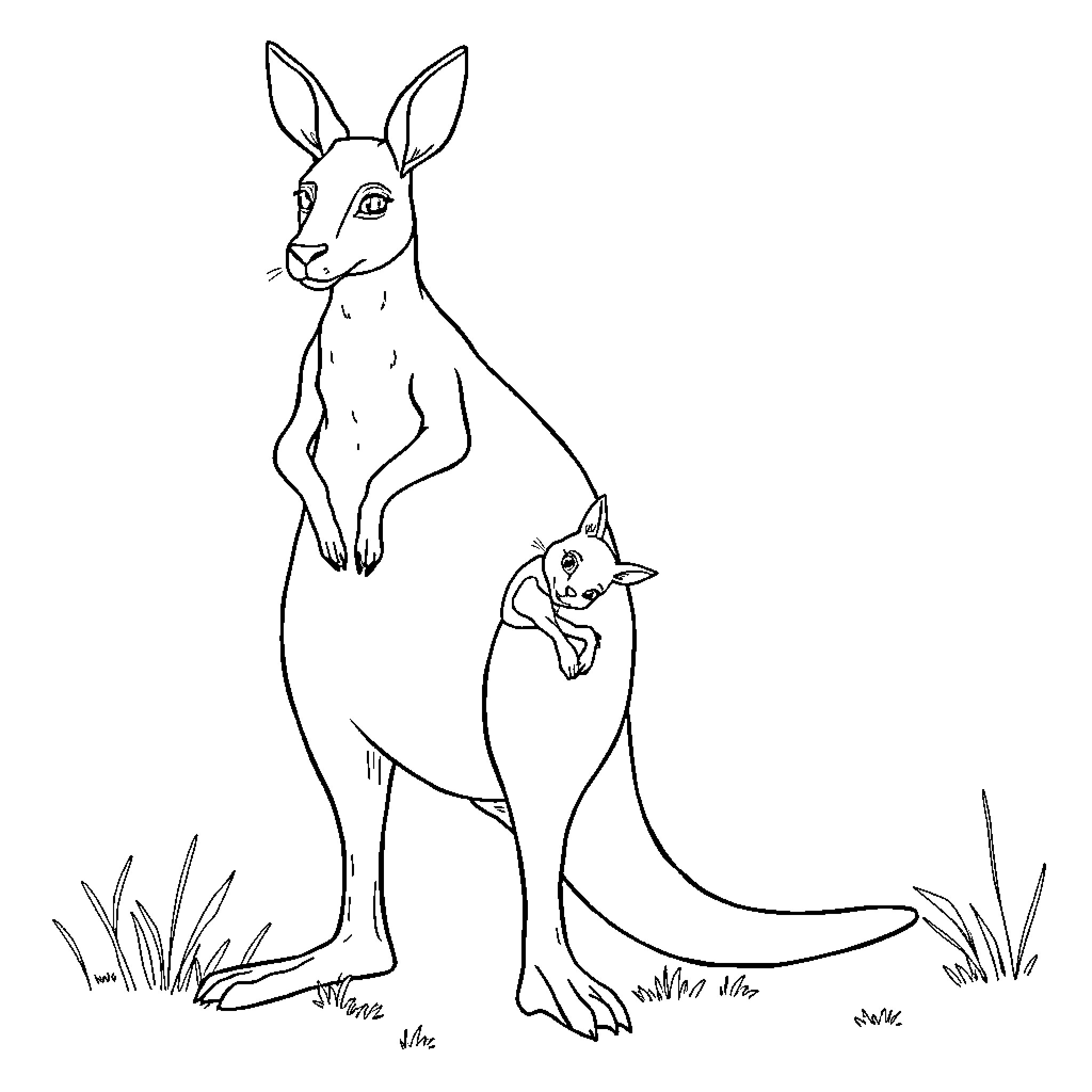 Kangaroo mother and baby in nature Coloring Page (free black-and-white line drawing printable PDF for all, from beginners to advanced learners, including children, teens, adults, and seniors)
