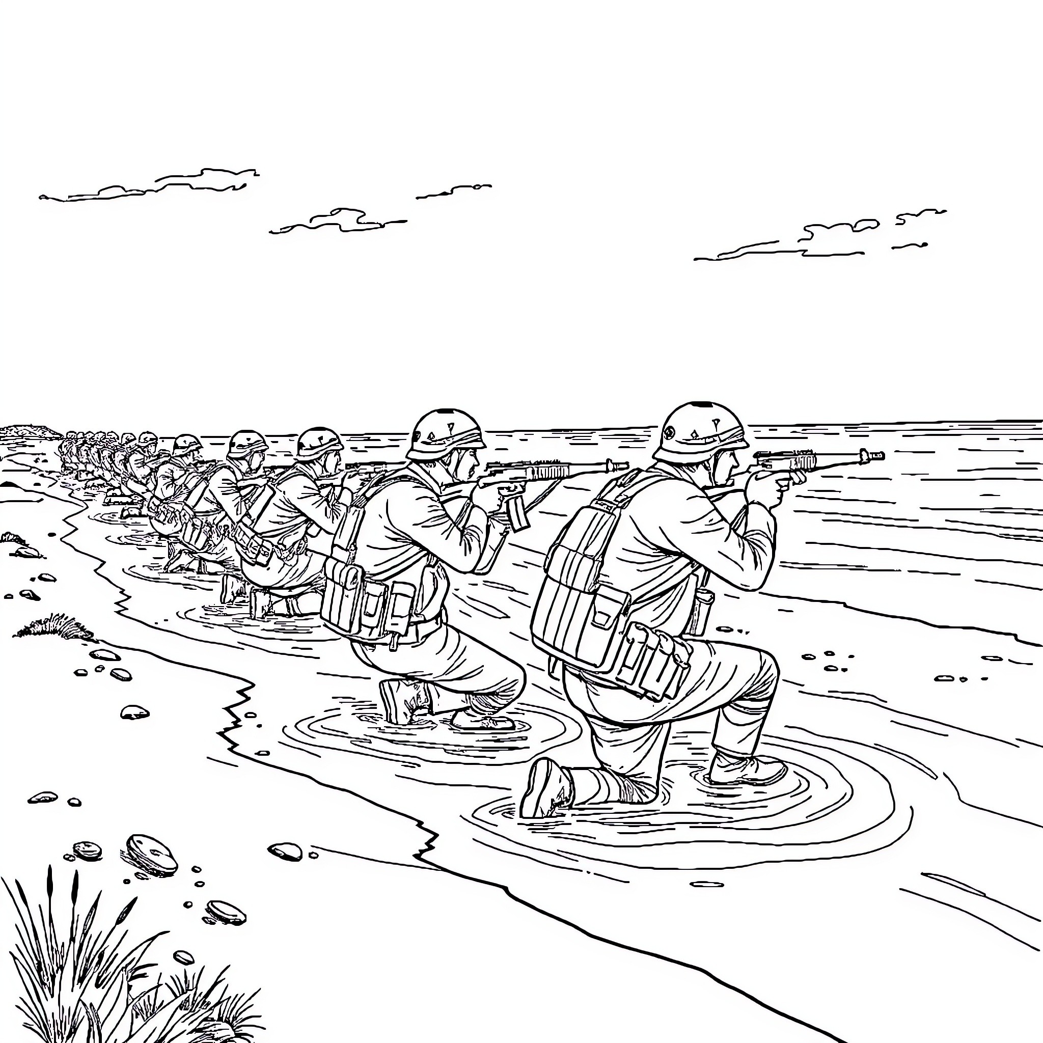 Marine Soldiers Advancing Cautiously through Shallow Waters Coloring Page (free black-and-white line drawing printable PDF for all, from beginners to advanced learners, including children, teens, adults, and seniors)