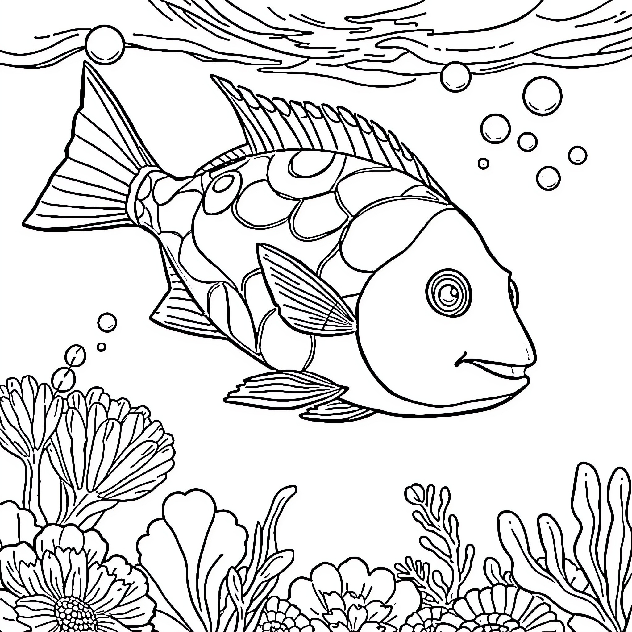 Fish swimming among underwater plants and bubbles Coloring Page (free black-and-white line drawing printable PDF for all, from beginners to advanced learners, including children, teens, adults, and seniors)