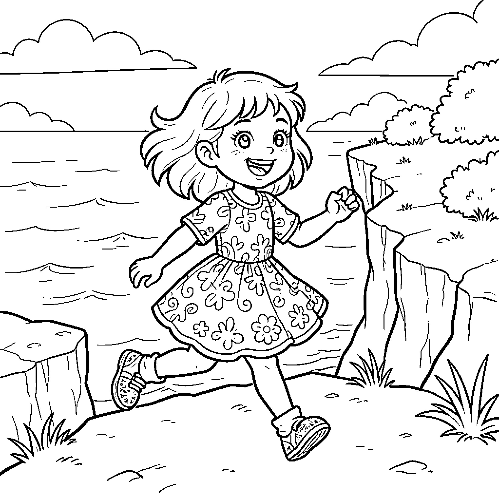 Nina's Cheerful Adventure in the Outdoors Coloring Page (free black-and-white line drawing printable PDF for all, from beginners to advanced learners, including children, teens, adults, and seniors)