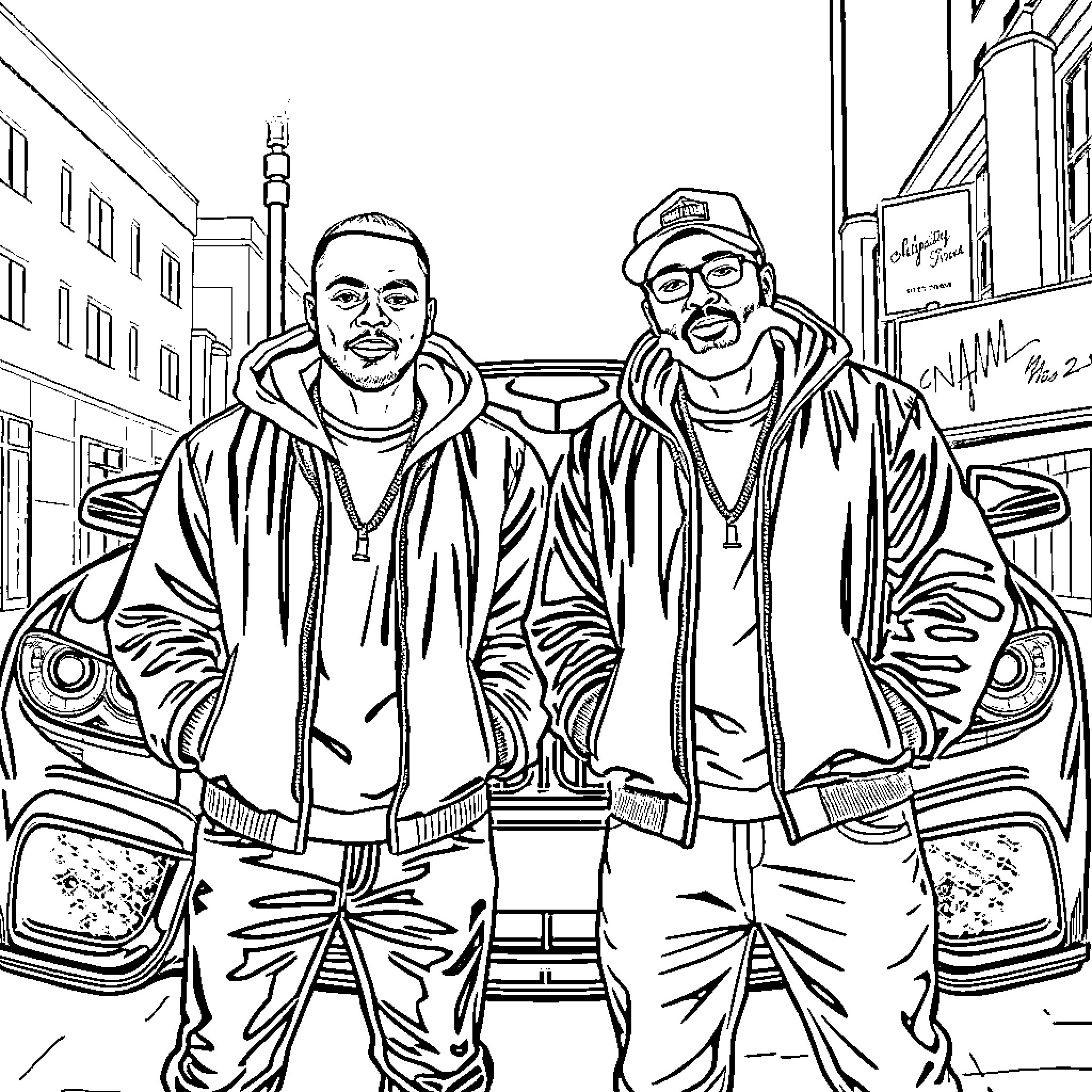 Grime Producers Posing Confidently Amid City Backdrop Coloring Page (free black-and-white line drawing printable PDF for all, from beginners to advanced learners, including children, teens, adults, and seniors)