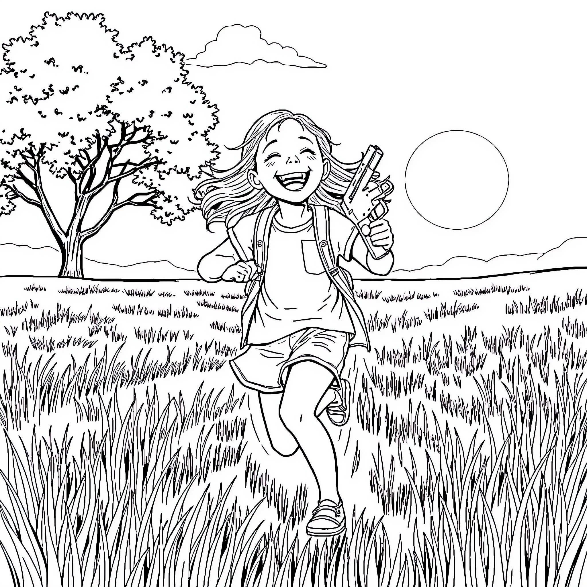 Girl joyfully running through a grassy field Coloring Page (free black-and-white line drawing printable PDF for all, from beginners to advanced learners, including children, teens, adults, and seniors)