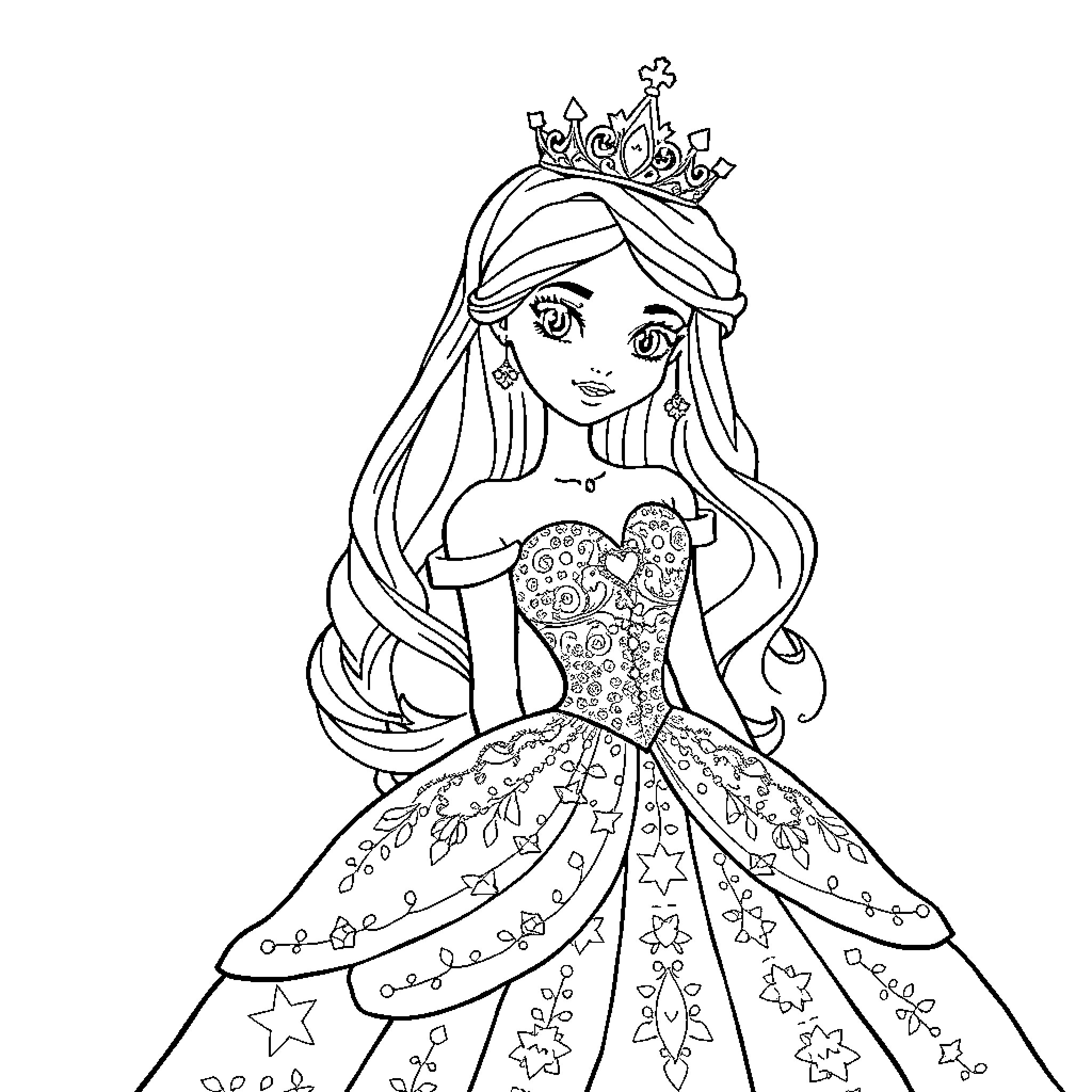 Princess in Enchanting Gown and Crown Coloring Page (free black-and-white line drawing printable PDF for all, from beginners to advanced learners, including children, teens, adults, and seniors)