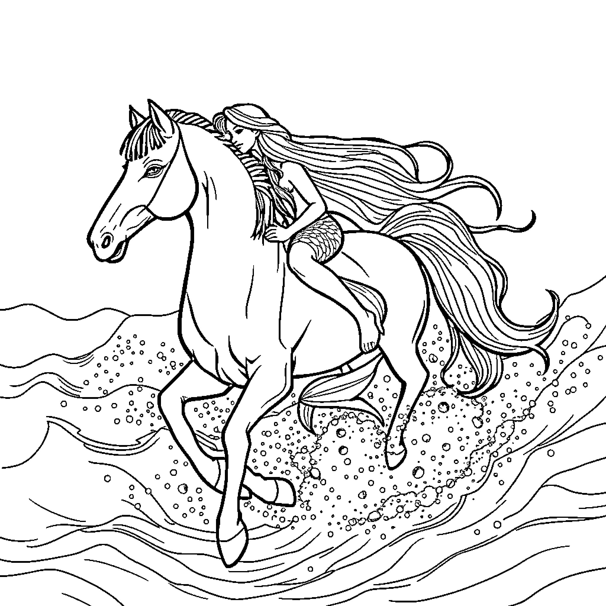 Mermaid riding a majestic horse through the waves Coloring Page (free black-and-white line drawing printable PDF for all, from beginners to advanced learners, including children, teens, adults, and seniors)