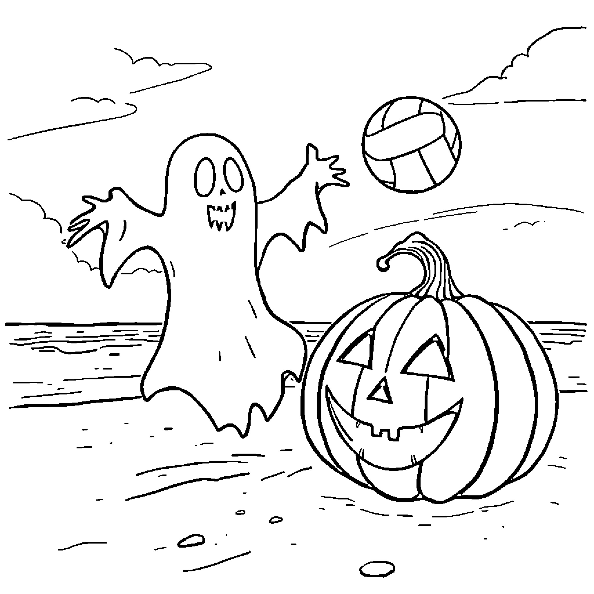 Ghost playing with pumpkin under the moonlight Coloring Page (free black-and-white line drawing printable PDF for all, from beginners to advanced learners, including children, teens, adults, and seniors)