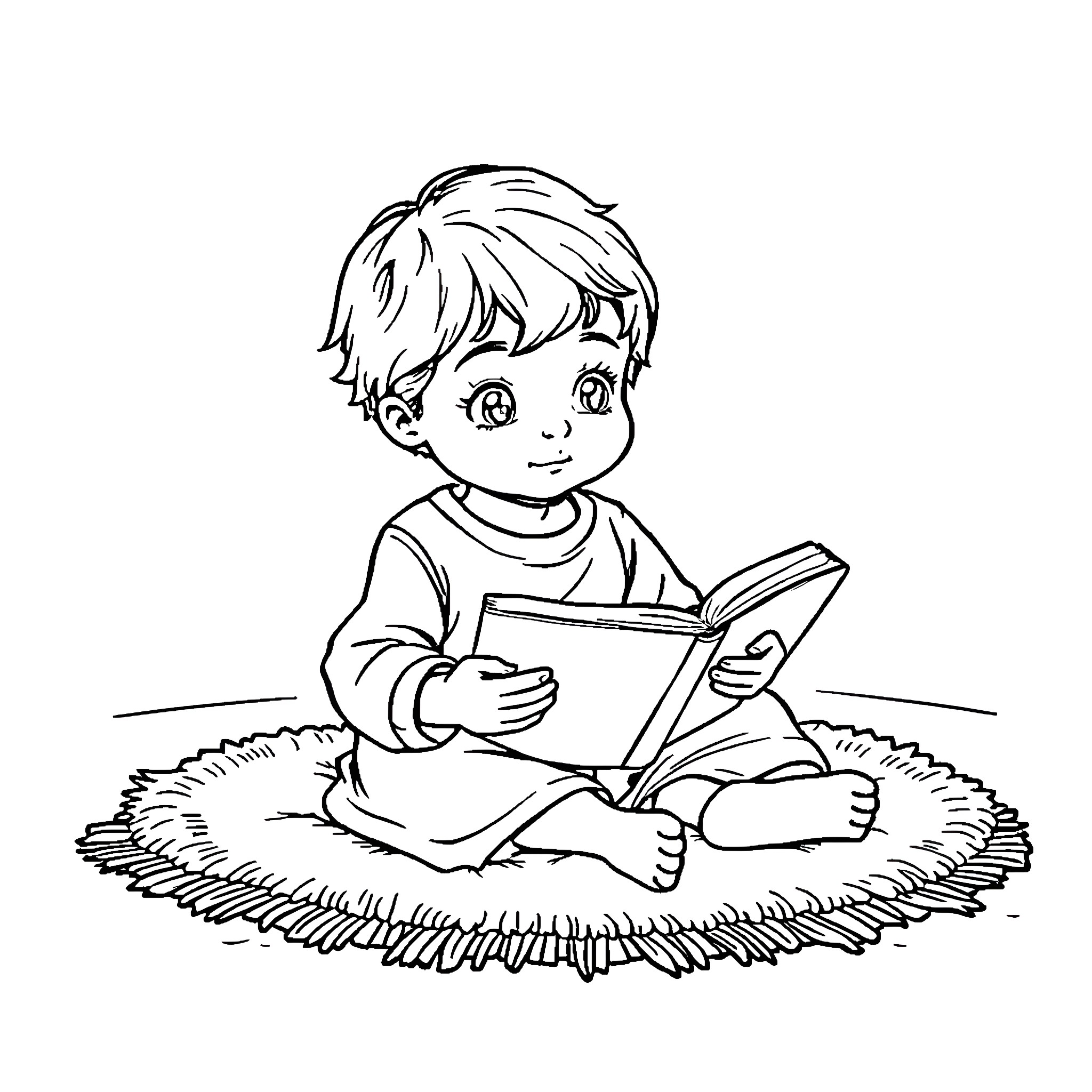 Child enjoying a book on a rug Coloring Page (free black-and-white line drawing printable PDF for all, from beginners to advanced learners, including children, teens, adults, and seniors)