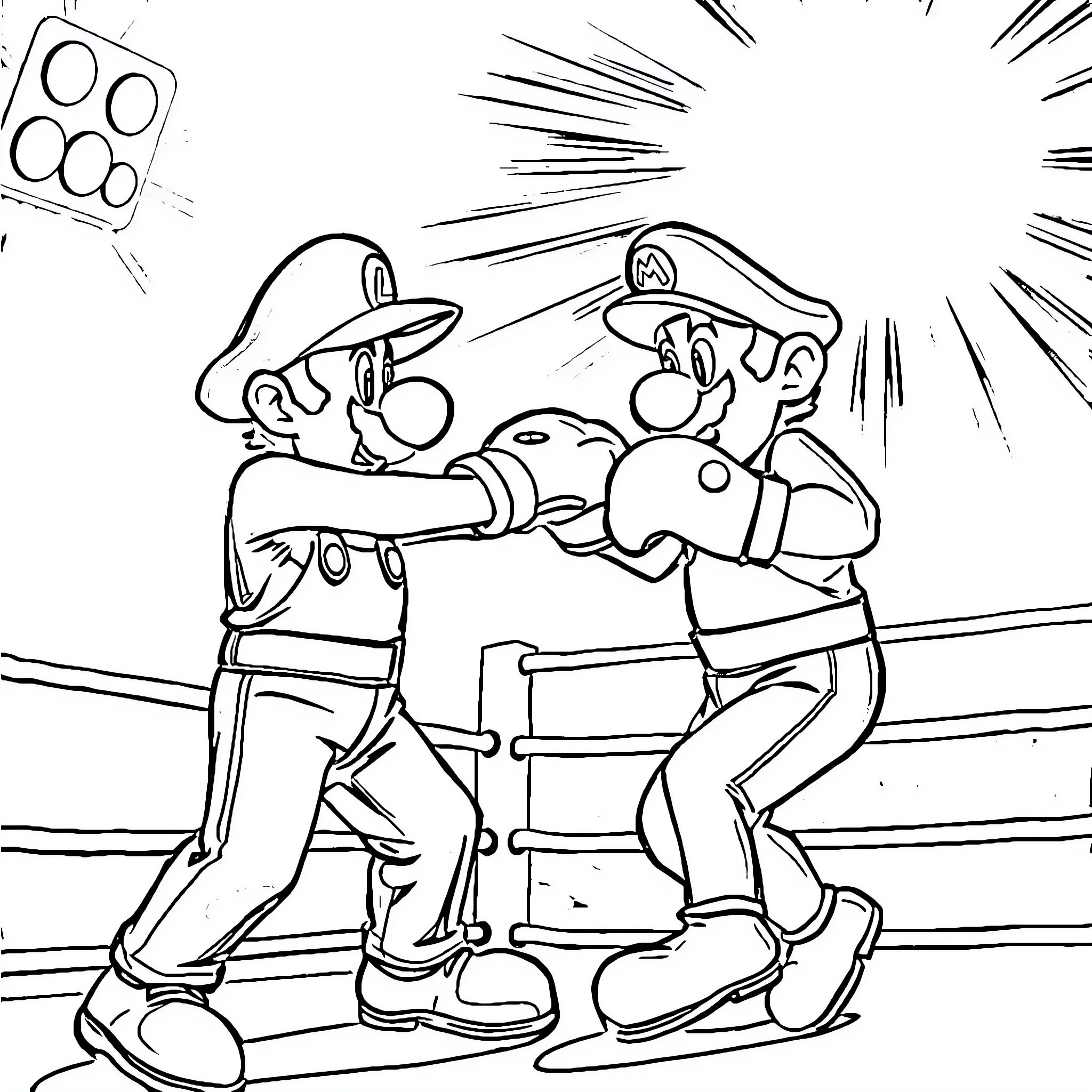 Luigi and Mario wrestling in the ring Coloring Page (free black-and-white line drawing printable PDF for all, from beginners to advanced learners, including children, teens, adults, and seniors)