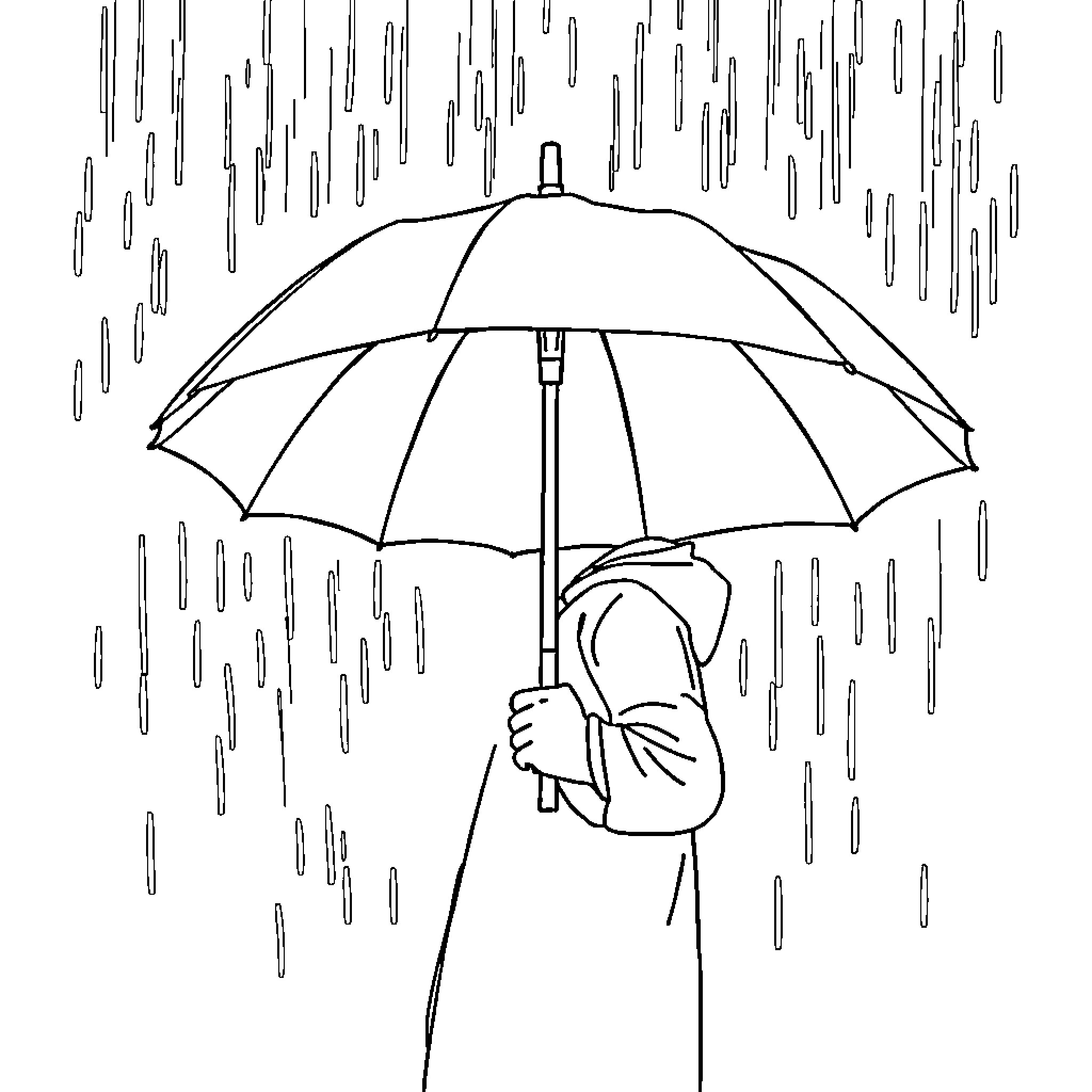 Umbrella protecting person from heavy rainfall Coloring Page (free black-and-white line drawing printable PDF for all, from beginners to advanced learners, including children, teens, adults, and seniors)