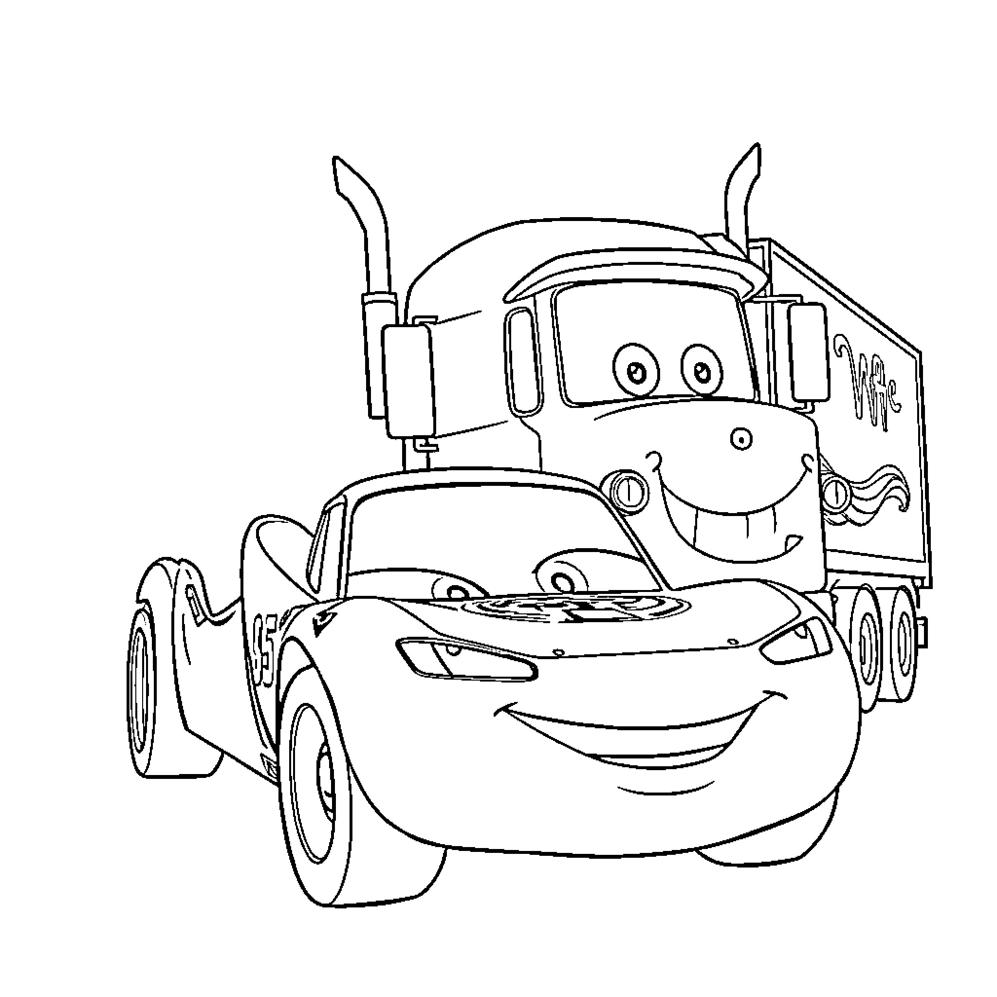 Lightning McQueen and Mack Truck in a Friendly Encounter Coloring Page (free black-and-white line drawing printable PDF for all, from beginners to advanced learners, including children, teens, adults, and seniors)