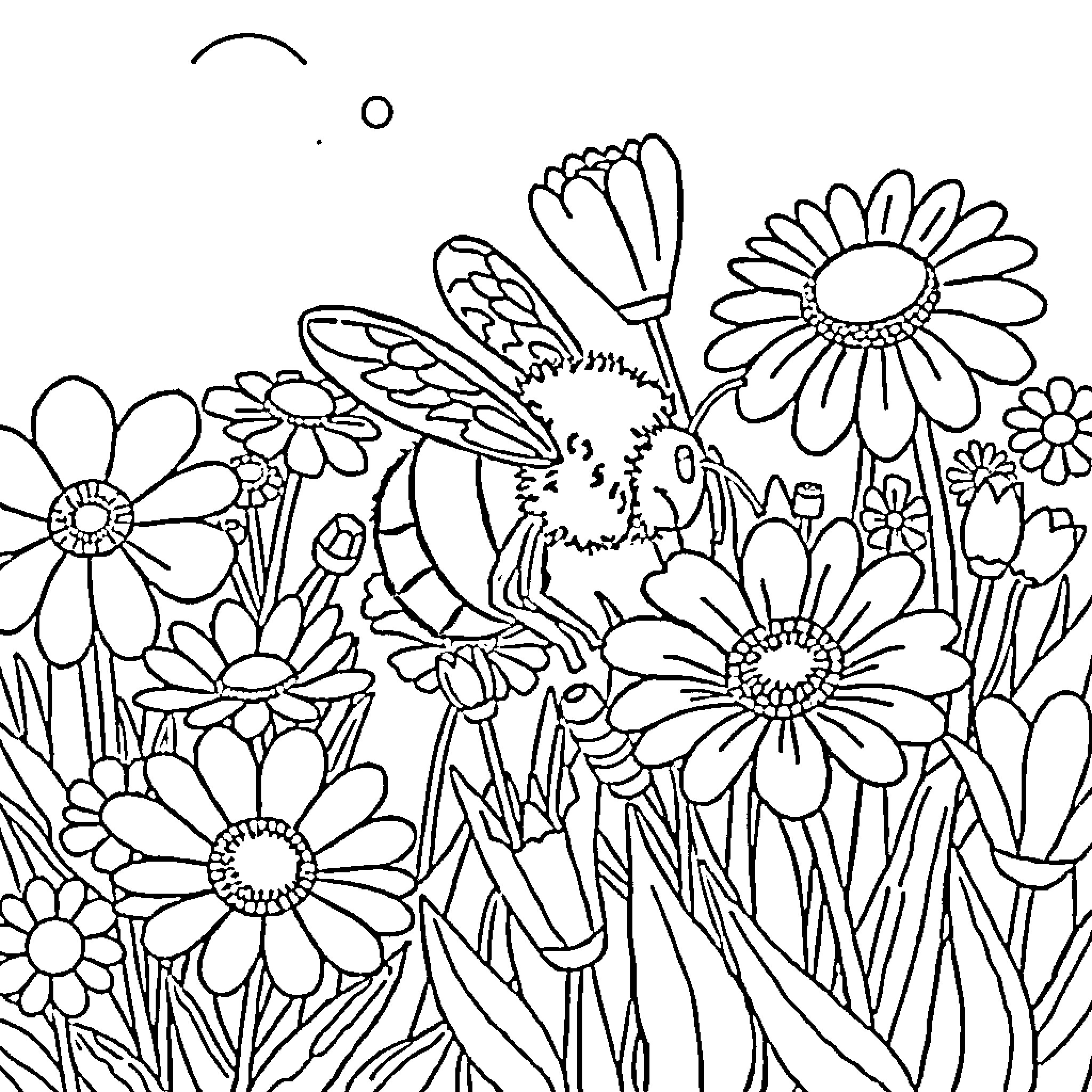 Bee amidst vibrant flowers in a garden Coloring Page (free black-and-white line drawing printable PDF for all, from beginners to advanced learners, including children, teens, adults, and seniors)