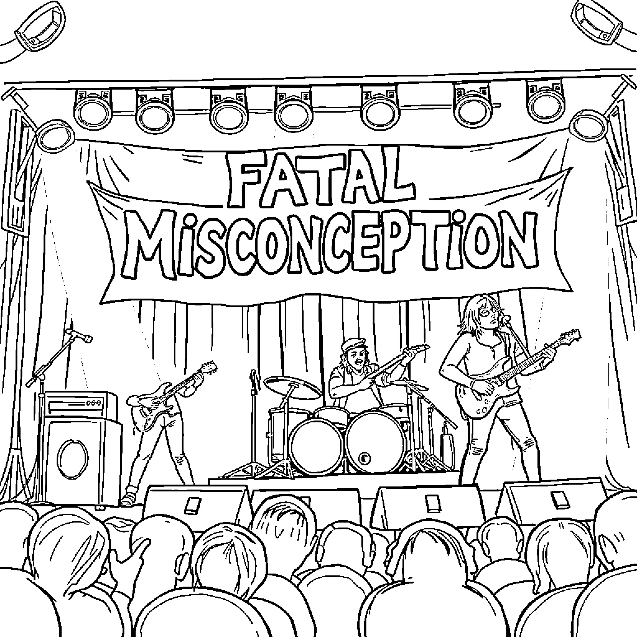 Band performing on stage before audience Coloring Page (free black-and-white line drawing printable PDF for all, from beginners to advanced learners, including children, teens, adults, and seniors)