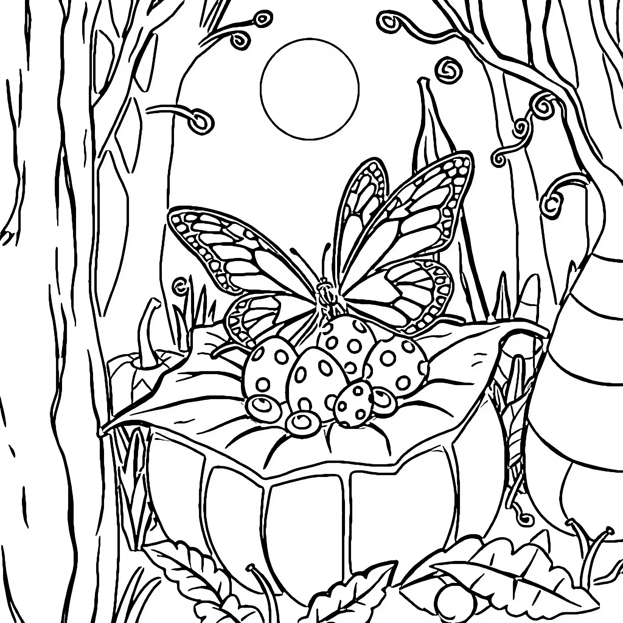 Butterfly resting on a mushroom in the forest Coloring Page (free black-and-white line drawing printable PDF for all, from beginners to advanced learners, including children, teens, adults, and seniors)
