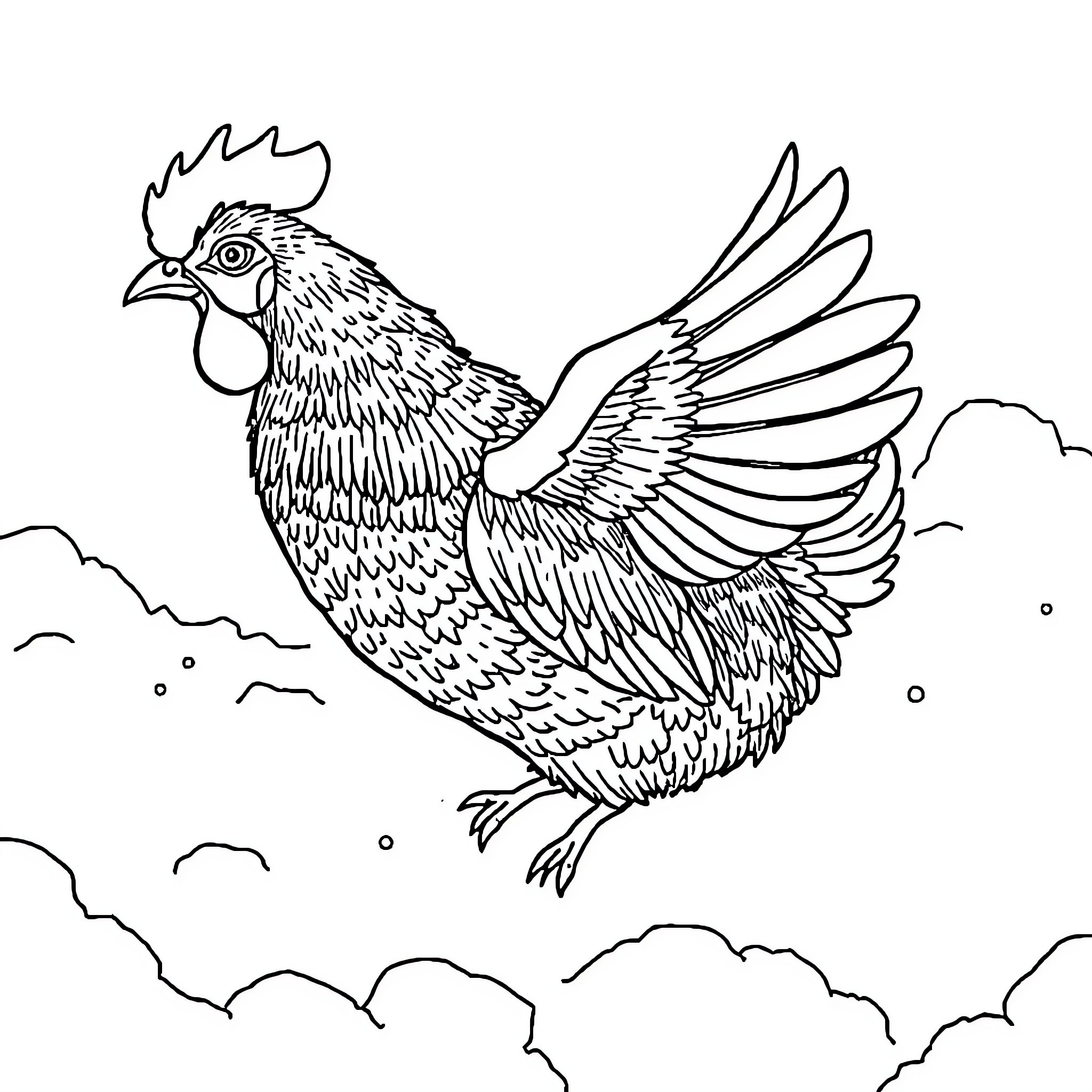 Flying Pig soaring through the clouds Coloring Page (free black-and-white line drawing printable PDF for all, from beginners to advanced learners, including children, teens, adults, and seniors)