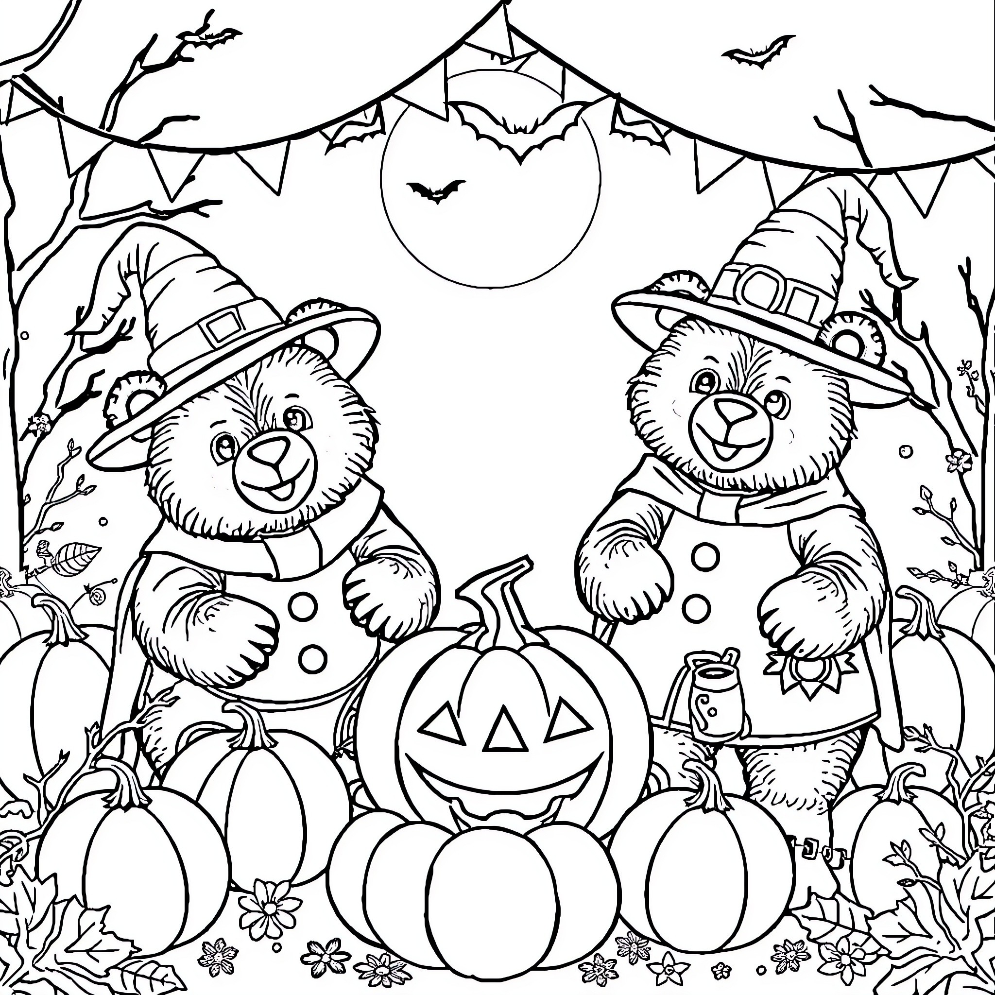 Bear trick-or-treating with pumpkins and bats Coloring Page (free black-and-white line drawing printable PDF for all, from beginners to advanced learners, including children, teens, adults, and seniors)