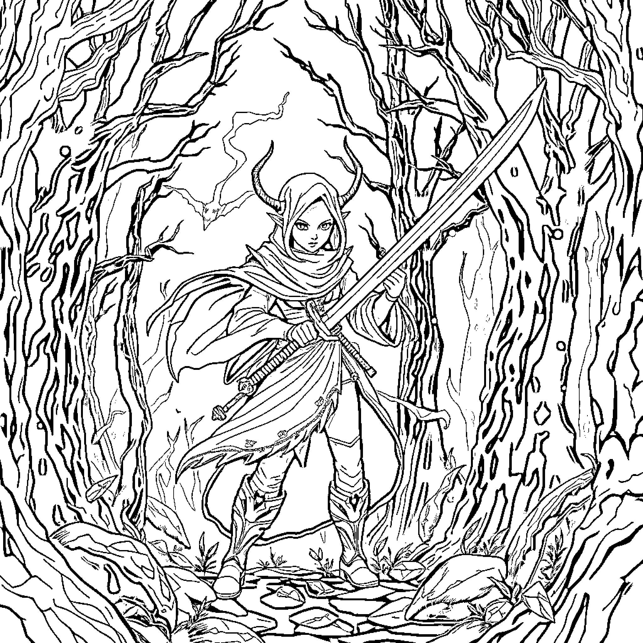 Demon Hunter in the Shadowy Forest Coloring Page (free black-and-white line drawing printable PDF for all, from beginners to advanced learners, including children, teens, adults, and seniors)