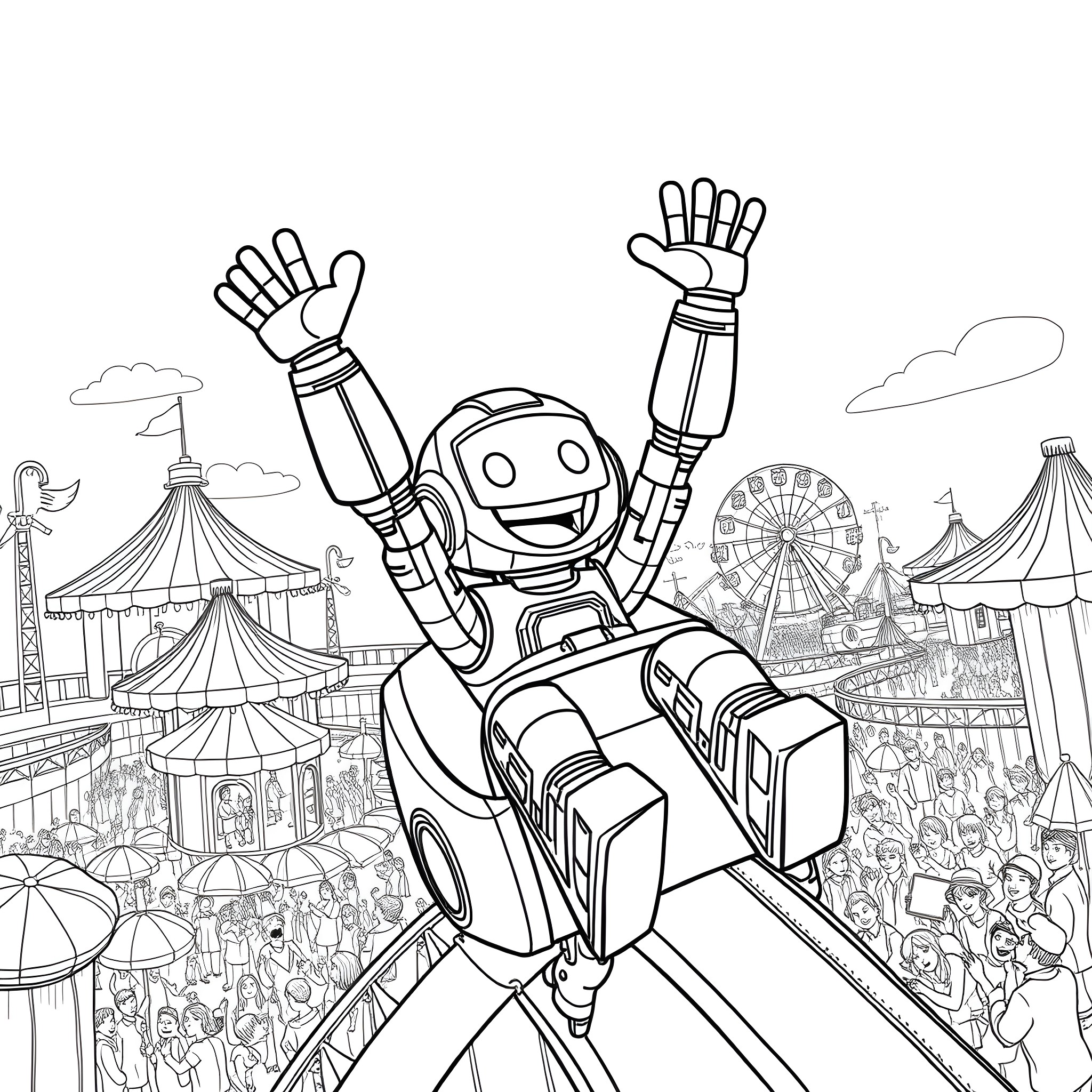 Astro Bot exploring the vibrant carnival scene Coloring Page (free black-and-white line drawing printable PDF for all, from beginners to advanced learners, including children, teens, adults, and seniors)