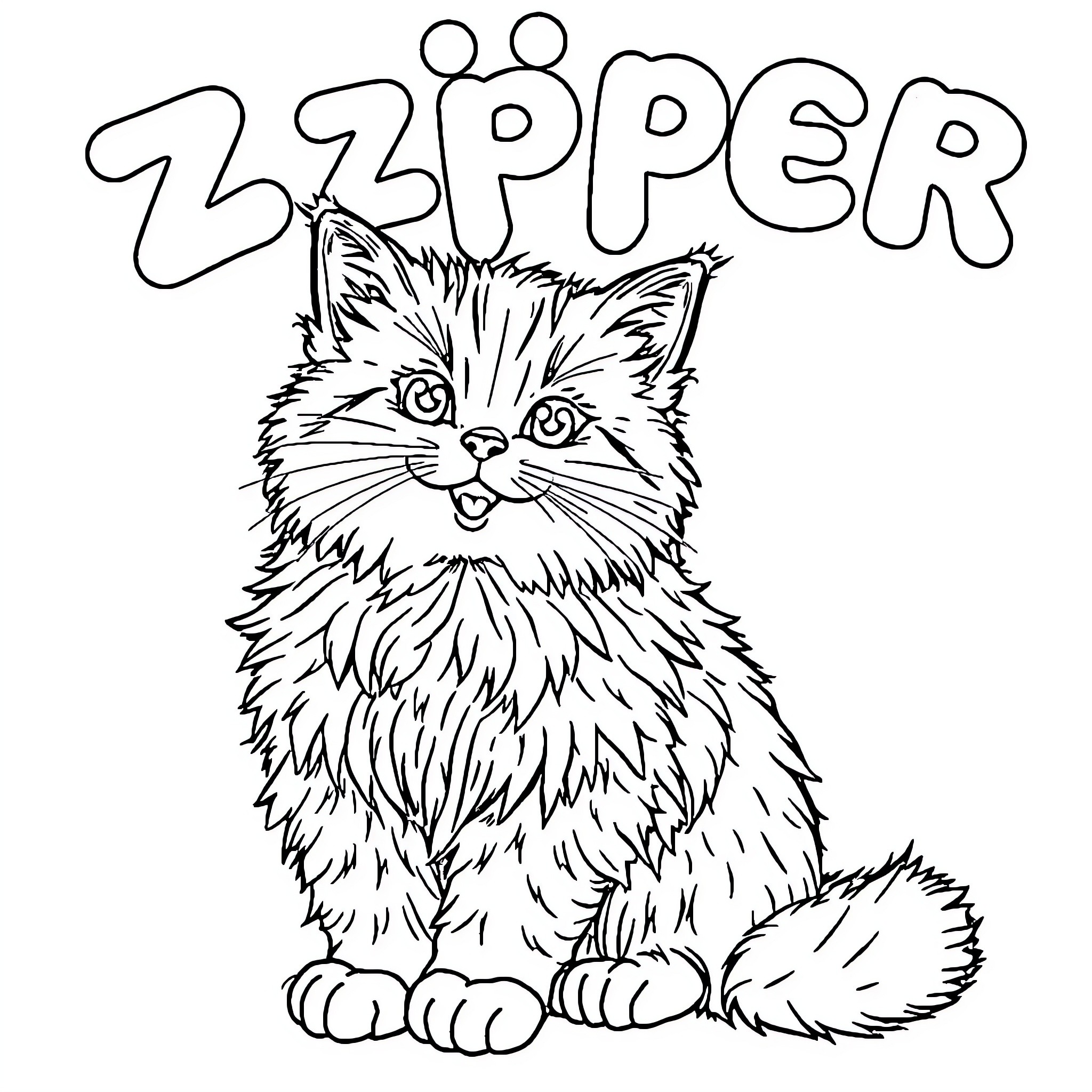 Kitty Zipper the Furry Feline Coloring Page (free black-and-white line drawing printable PDF for all, from beginners to advanced learners, including children, teens, adults, and seniors)
