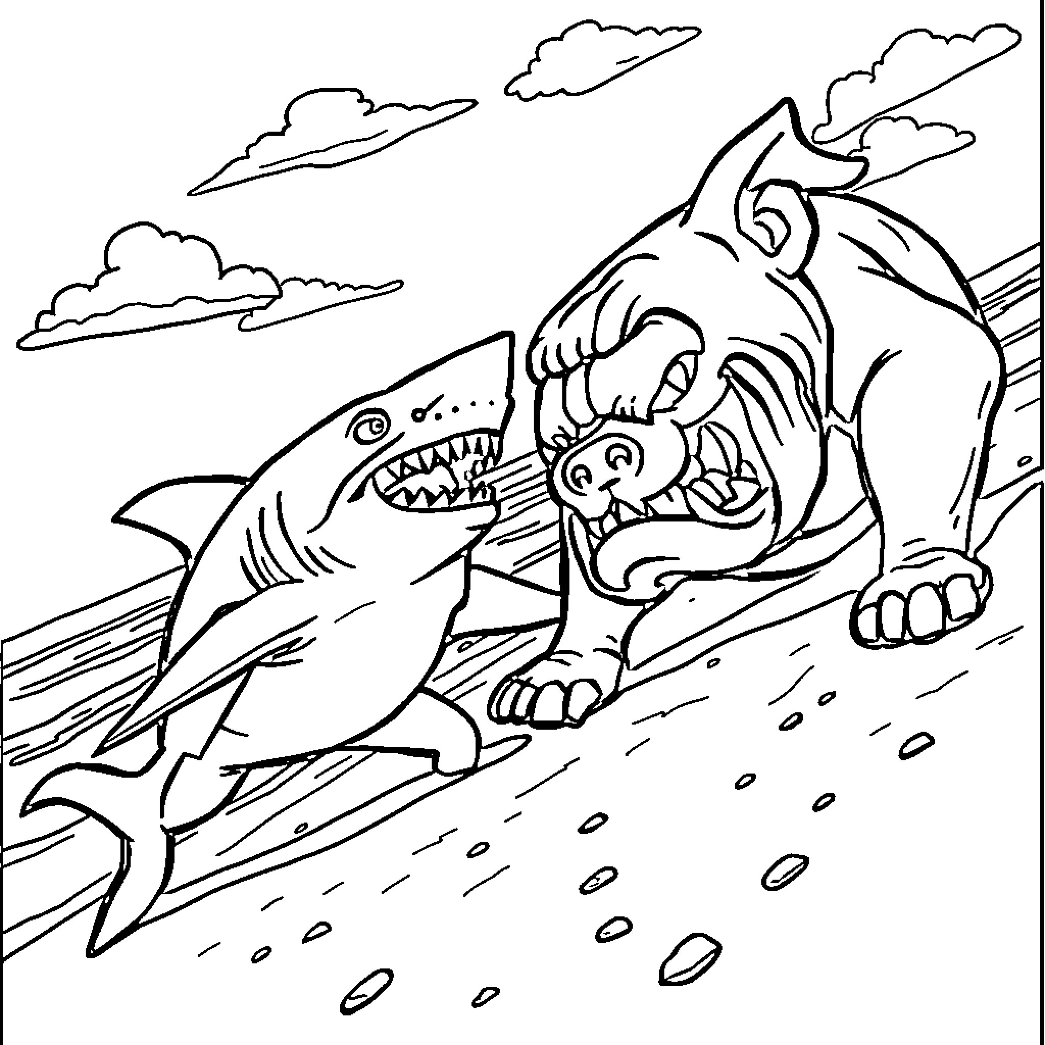 Shark chasing a playful character in a dynamic scene Coloring Page (free black-and-white line drawing printable PDF for all, from beginners to advanced learners, including children, teens, adults, and seniors)