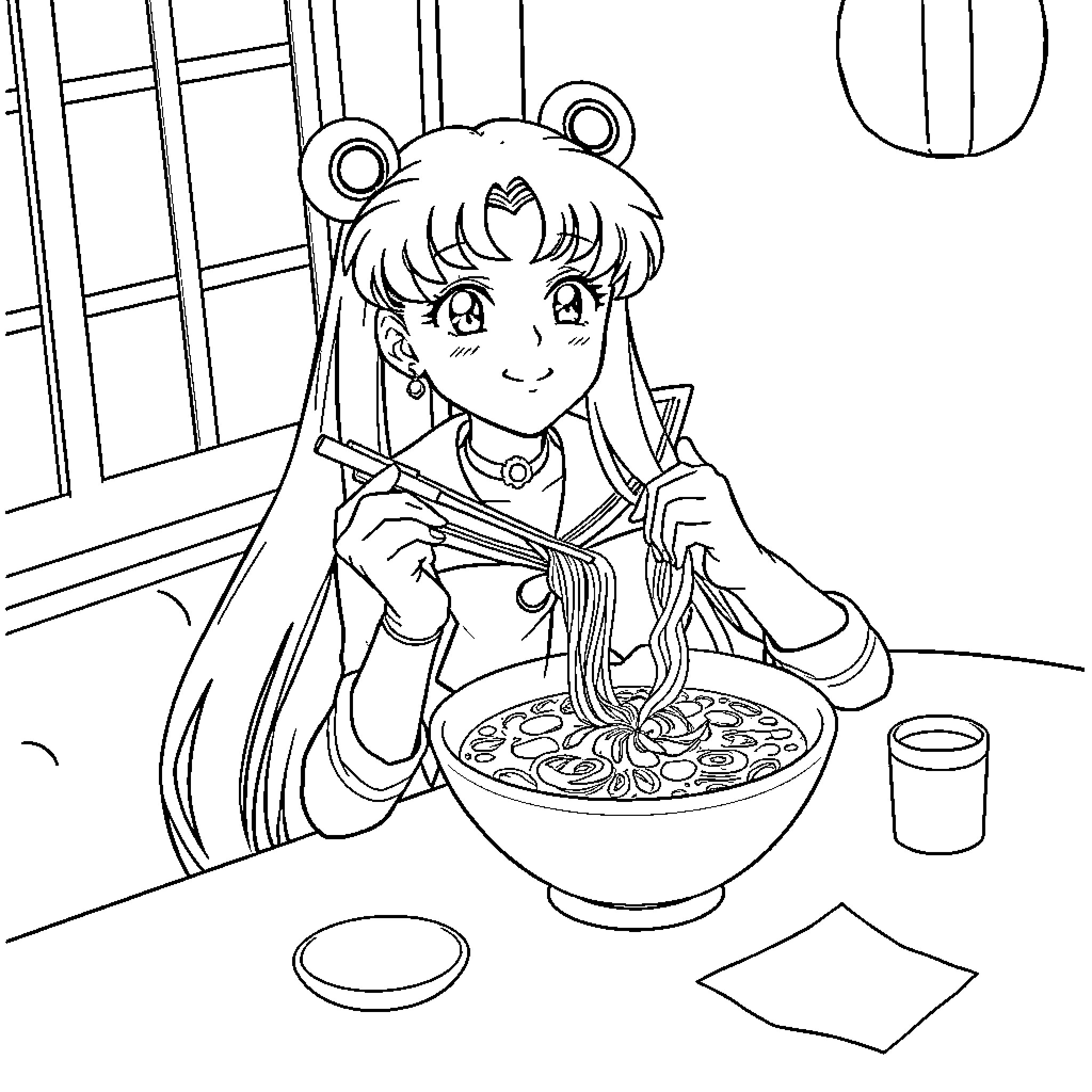 Sailor Moon enjoying a bowl of noodles Coloring Page (free black-and-white line drawing printable PDF for all, from beginners to advanced learners, including children, teens, adults, and seniors)