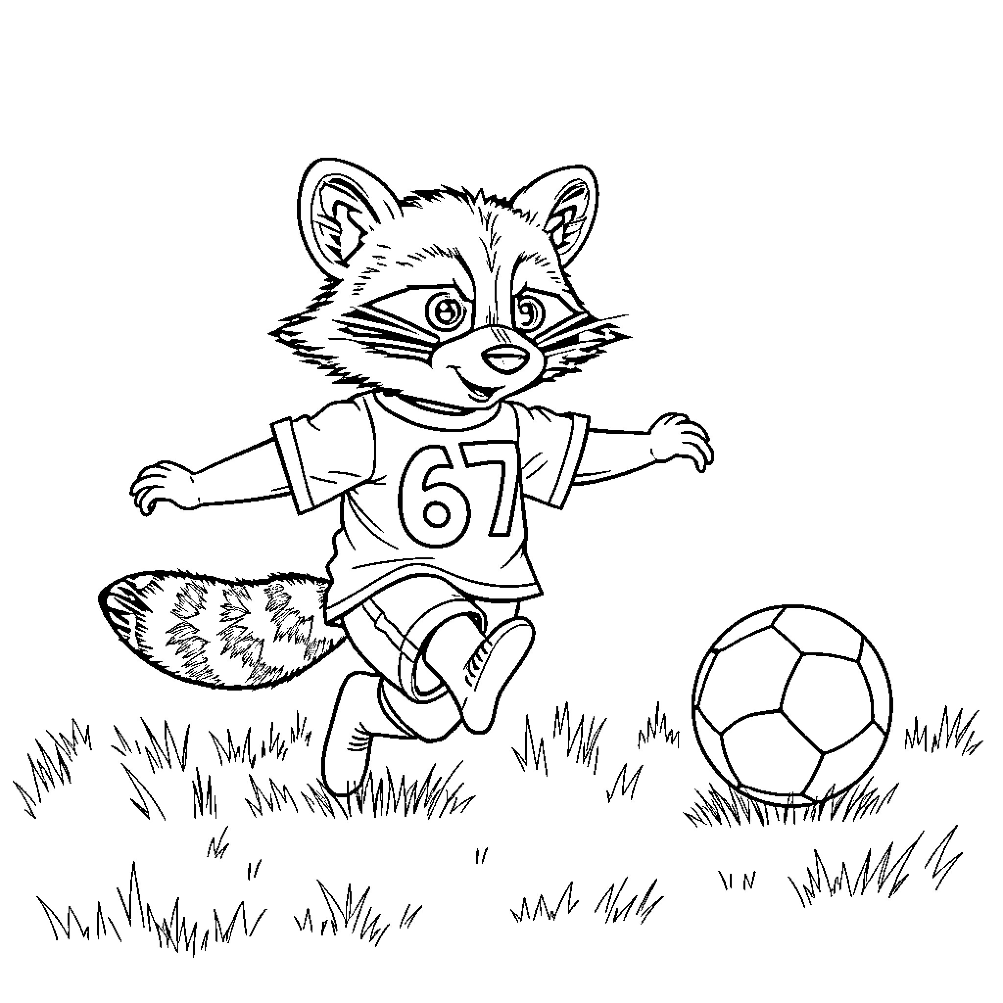 Raccoon playing soccer on the field Coloring Page (free black-and-white line drawing printable PDF for all, from beginners to advanced learners, including children, teens, adults, and seniors)