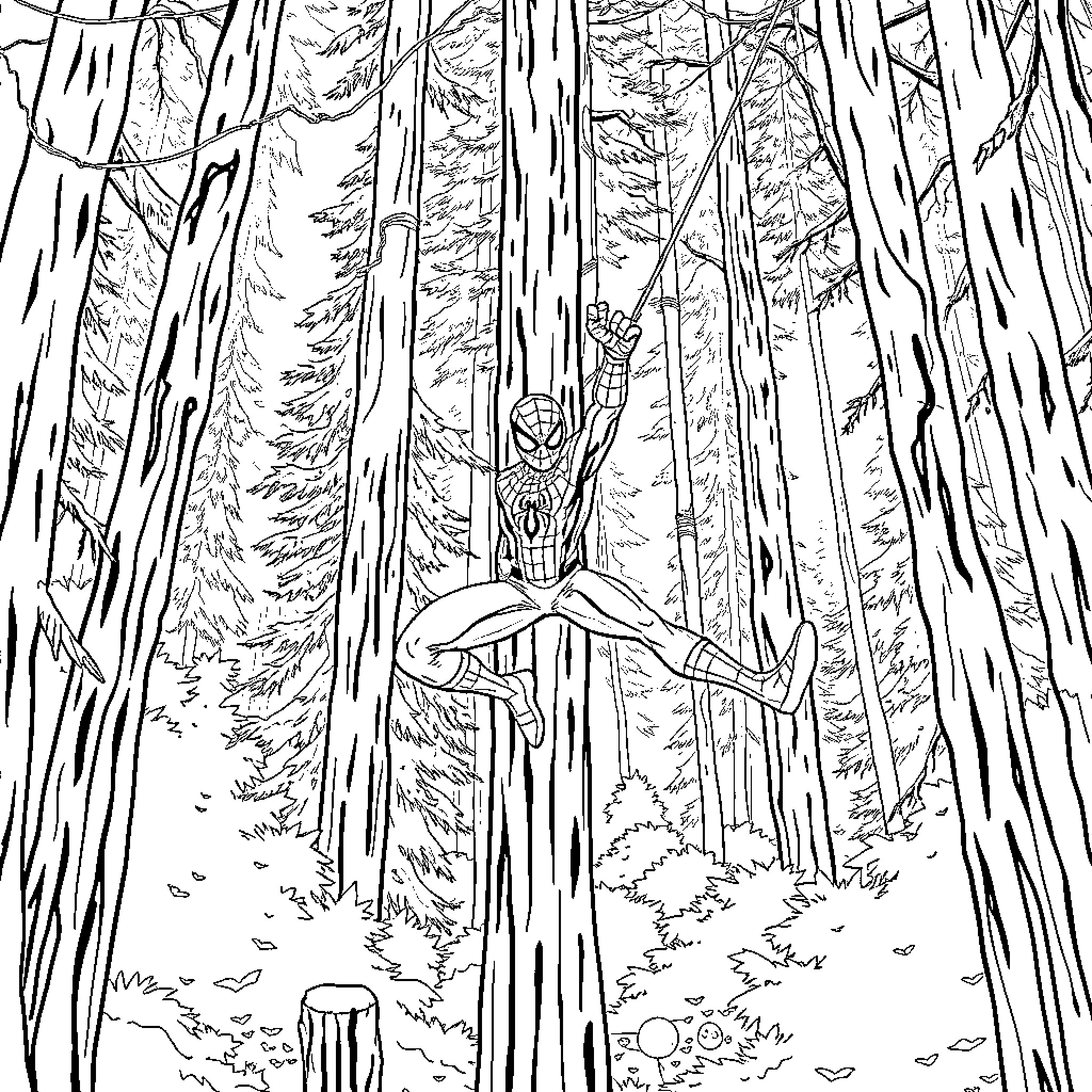 Spiderman swinging through a dense forest Coloring Page (free black-and-white line drawing printable PDF for all, from beginners to advanced learners, including children, teens, adults, and seniors)