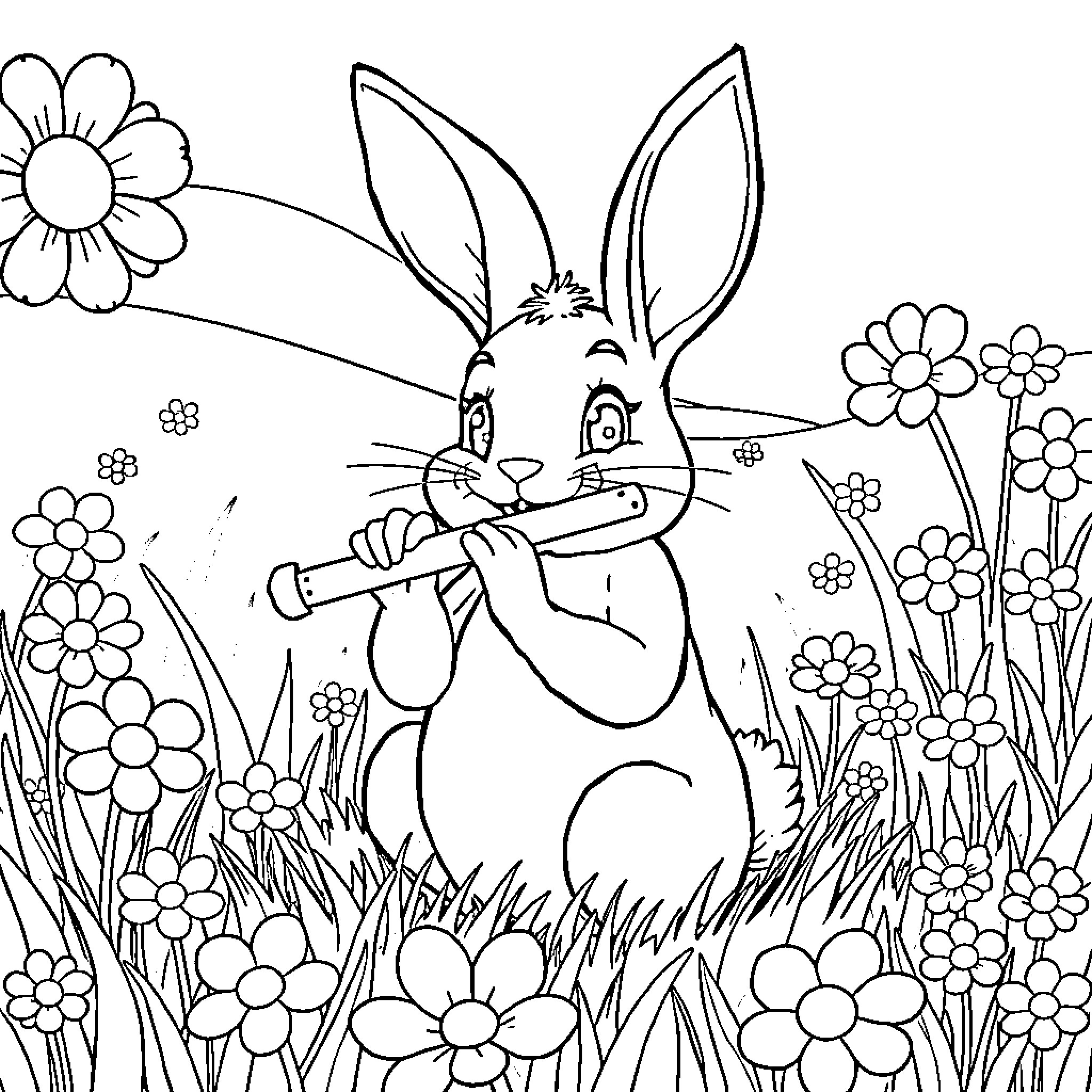 Rabbit playing in a flower garden Coloring Page (free black-and-white line drawing printable PDF for all, from beginners to advanced learners, including children, teens, adults, and seniors)
