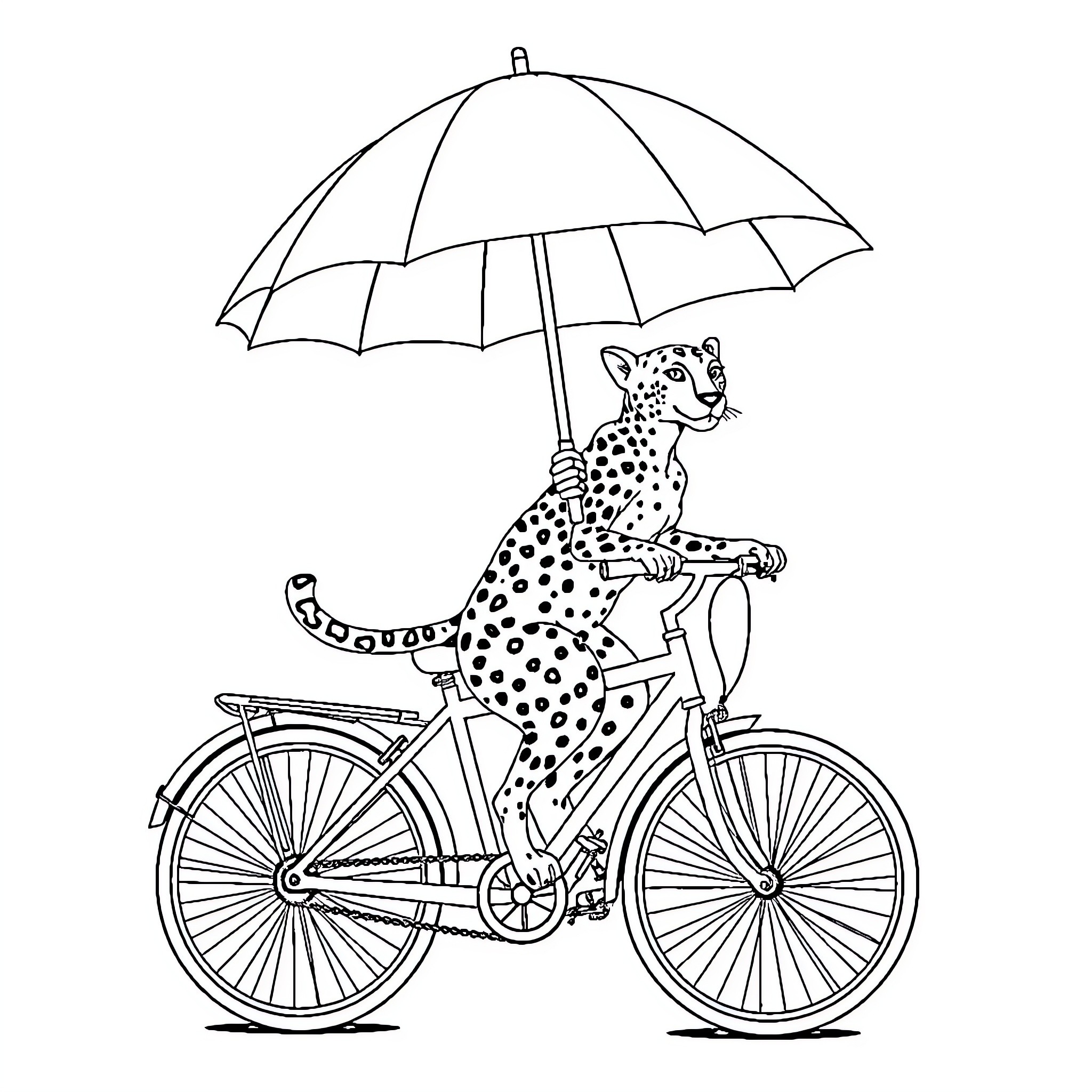 Cheetah riding bicycle under colorful umbrella Coloring Page (free black-and-white line drawing printable PDF for all, from beginners to advanced learners, including children, teens, adults, and seniors)