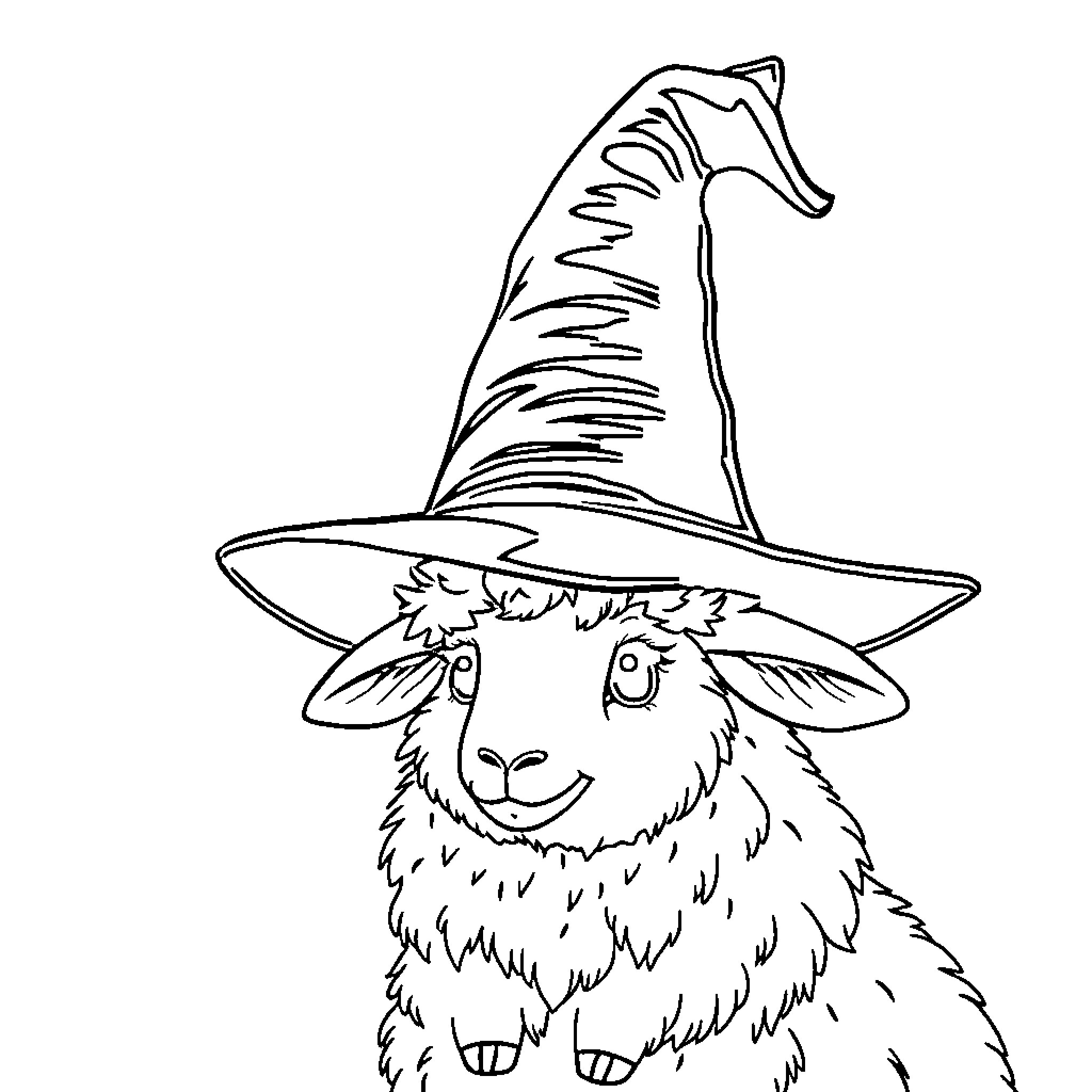 Sheep in witch's hat Coloring Page (free black-and-white line drawing printable PDF for all, from beginners to advanced learners, including children, teens, adults, and seniors)