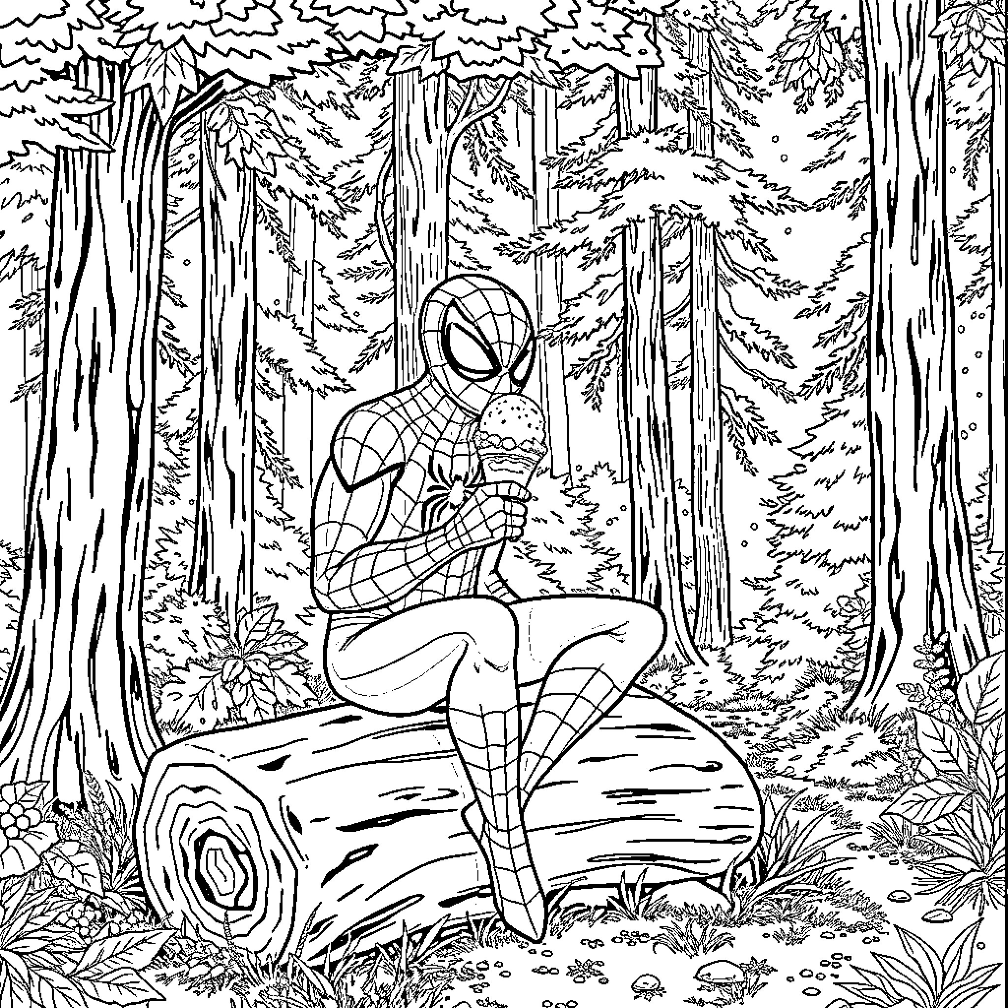 Spiderman resting in the tranquil forest Coloring Page (free black-and-white line drawing printable PDF for all, from beginners to advanced learners, including children, teens, adults, and seniors)