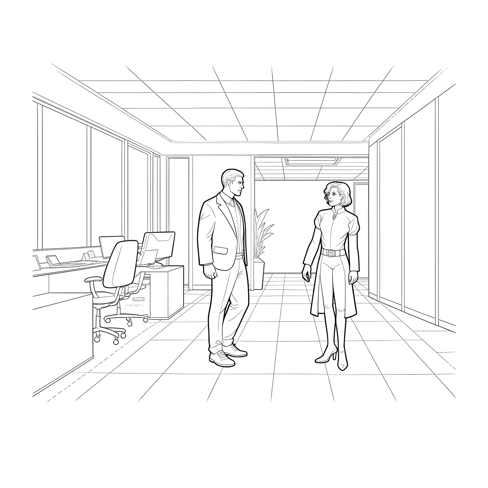 Avenger couple meeting in office setting Coloring Page (free black-and-white line drawing printable PDF for all, from beginners to advanced learners, including children, teens, adults, and seniors)
