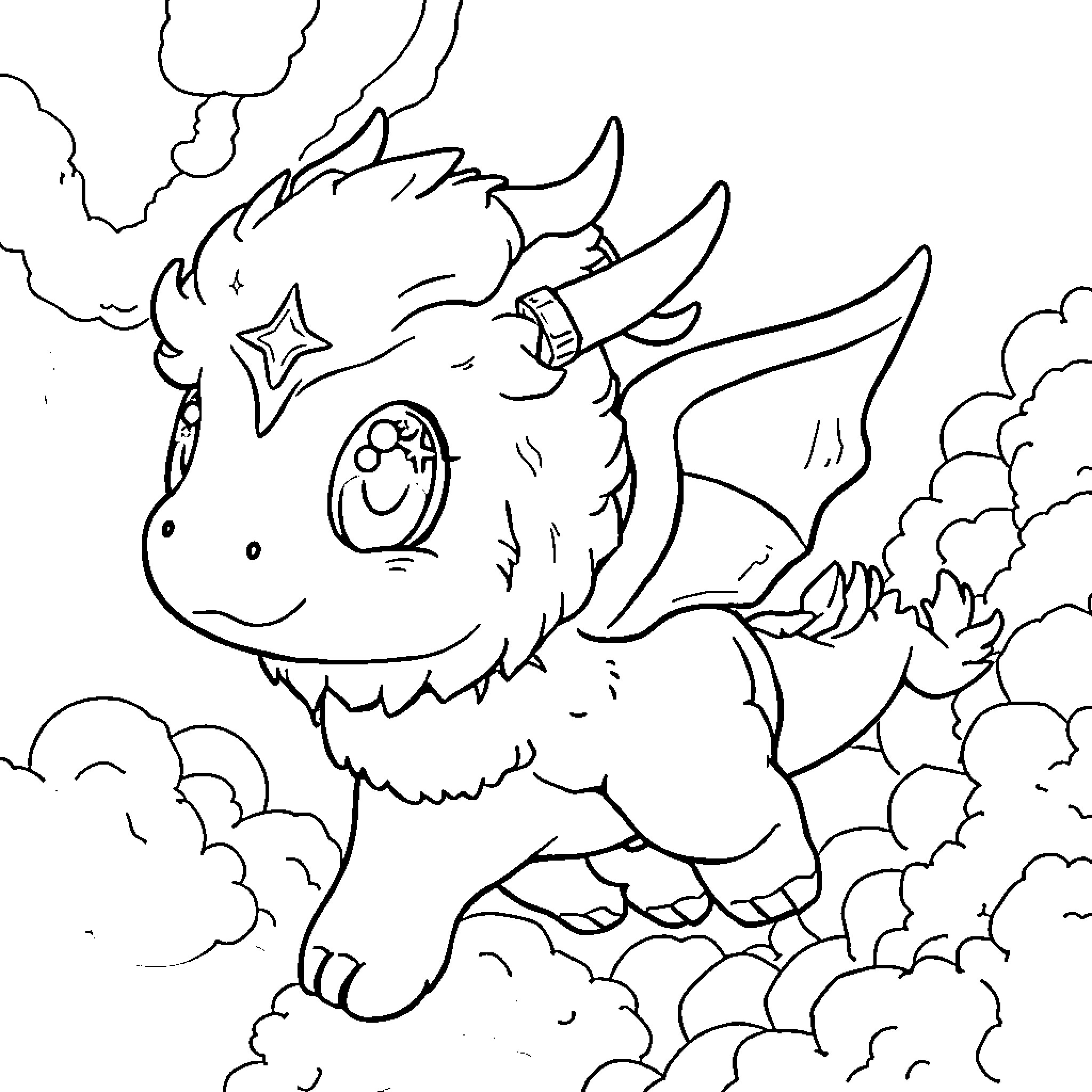 Falkor the Furry Dragon Flying Through the Clouds Coloring Page (free black-and-white line drawing printable PDF for all, from beginners to advanced learners, including children, teens, adults, and seniors)