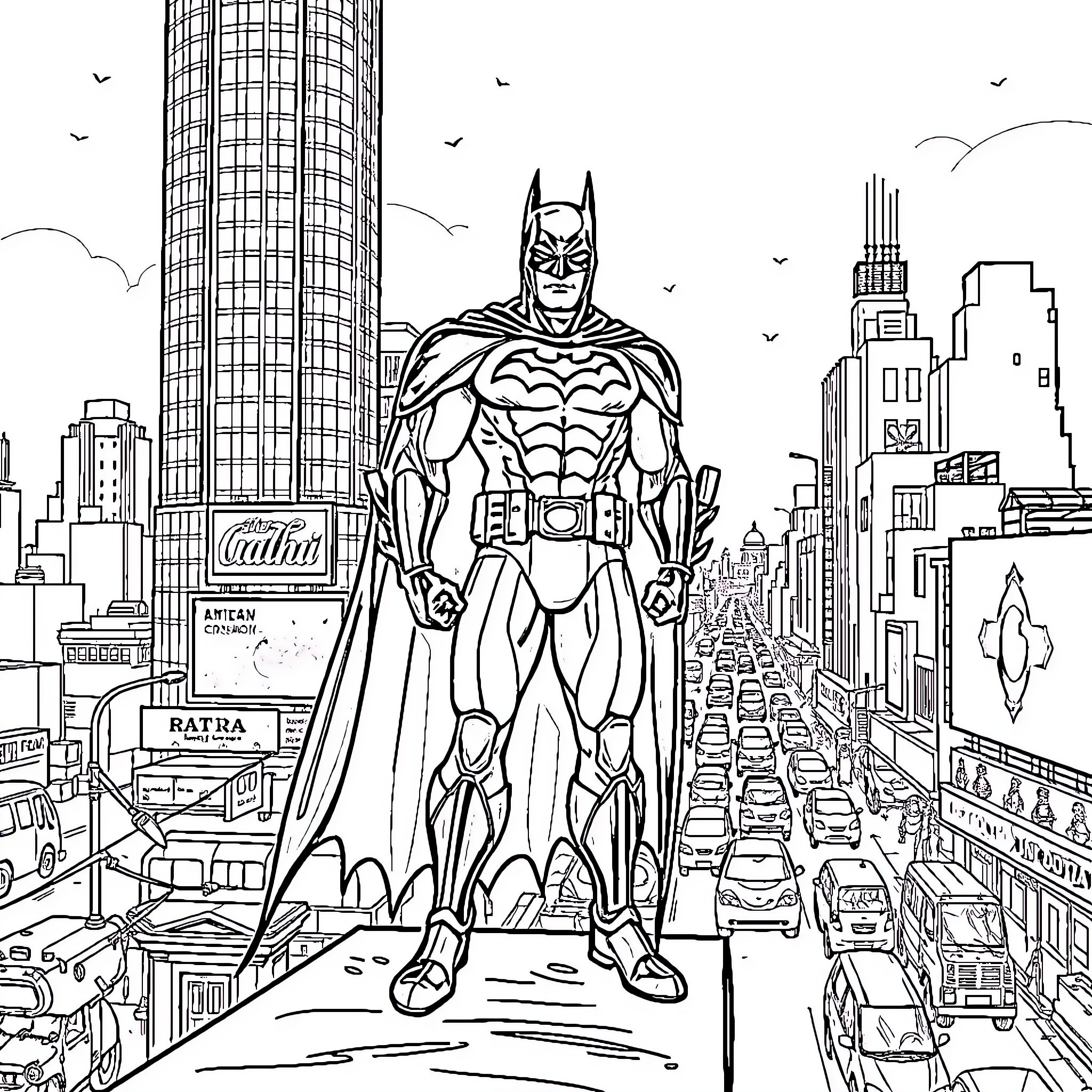 Batman standing tall in the bustling city Coloring Page (free black-and-white line drawing printable PDF for all, from beginners to advanced learners, including children, teens, adults, and seniors)