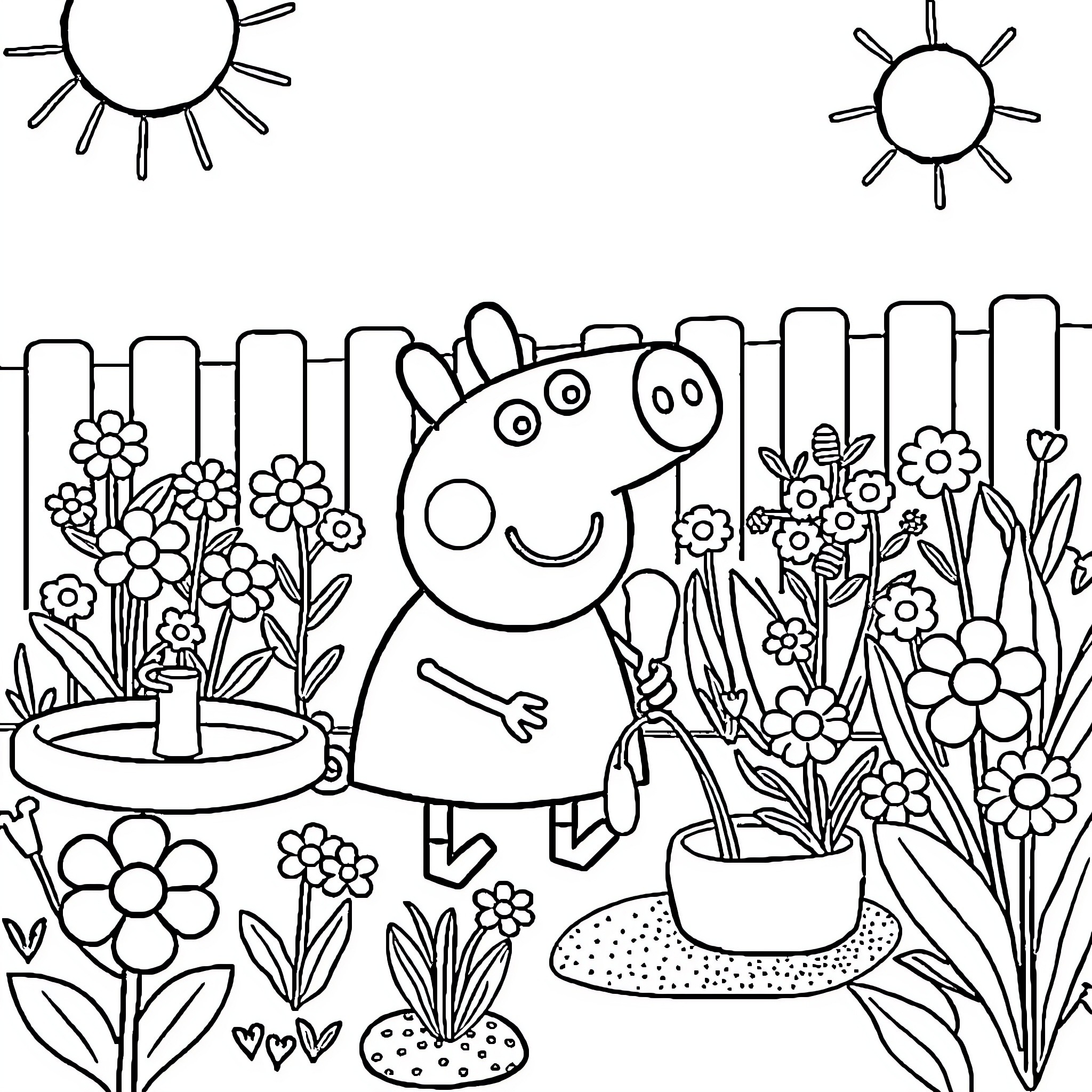 Peppa Pig enjoys gardening and nature Coloring Page (free black-and-white line drawing printable PDF for all, from beginners to advanced learners, including children, teens, adults, and seniors)