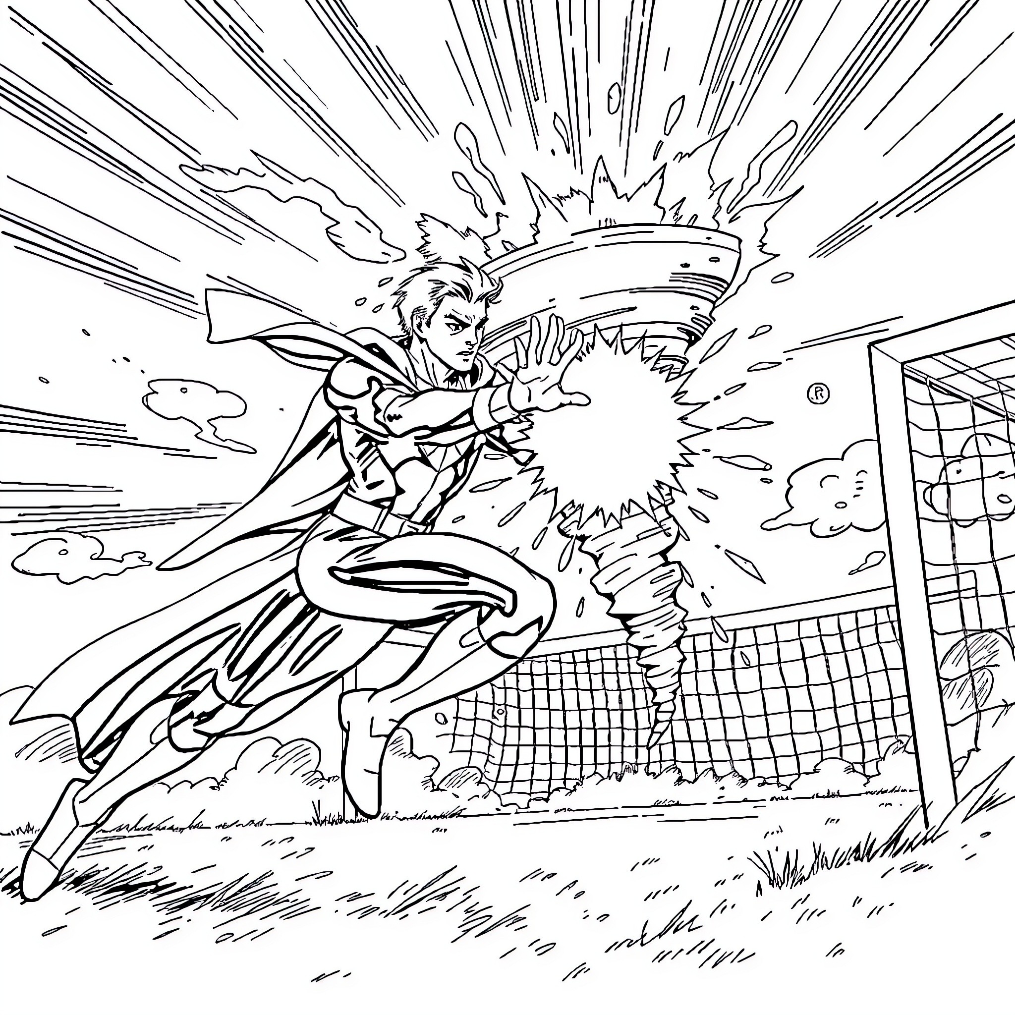 Oliver Atom kicking ball with explosive energy Coloring Page (free black-and-white line drawing printable PDF for all, from beginners to advanced learners, including children, teens, adults, and seniors)