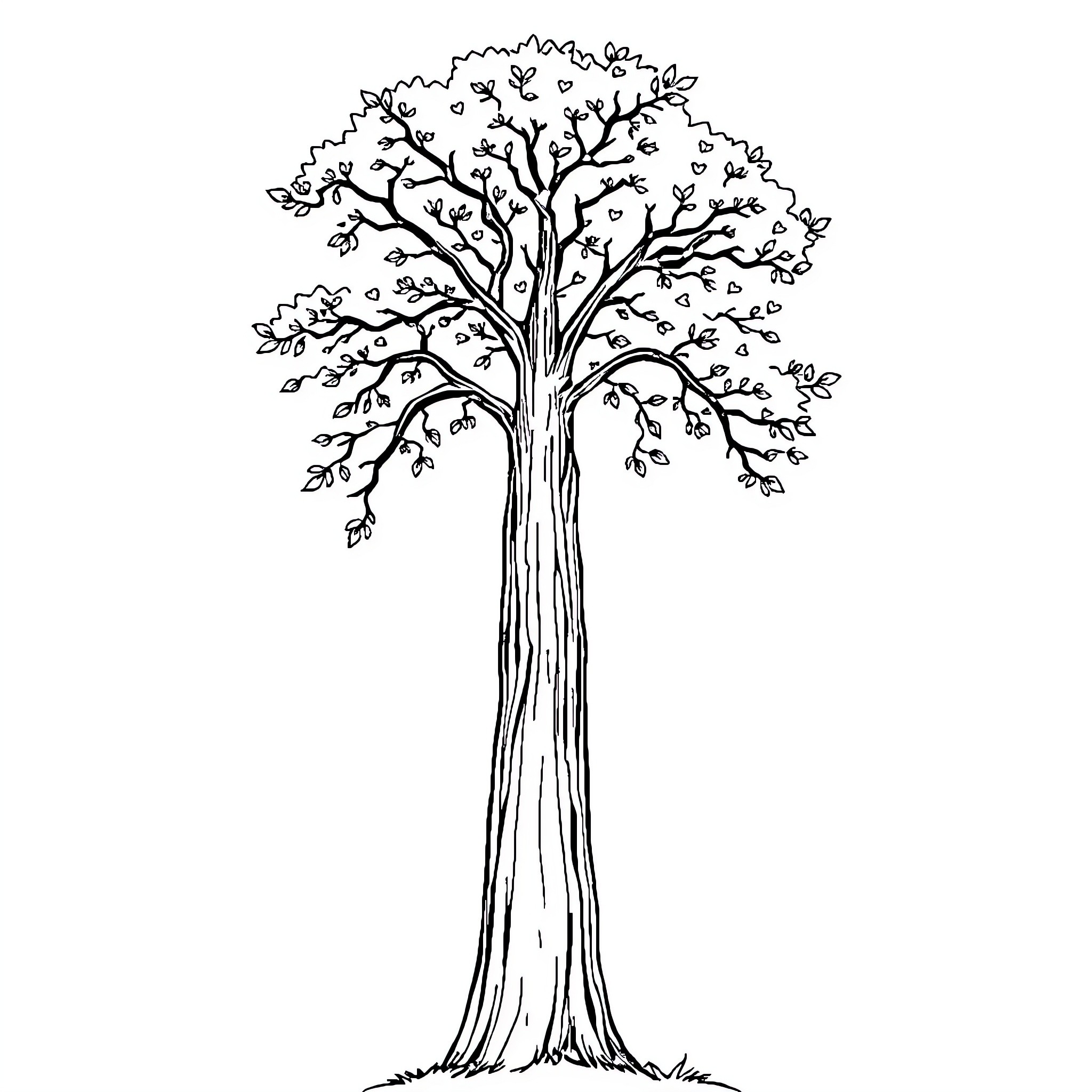 Tree with flourishing branches and leaves Coloring Page (free black-and-white line drawing printable PDF for all, from beginners to advanced learners, including children, teens, adults, and seniors)