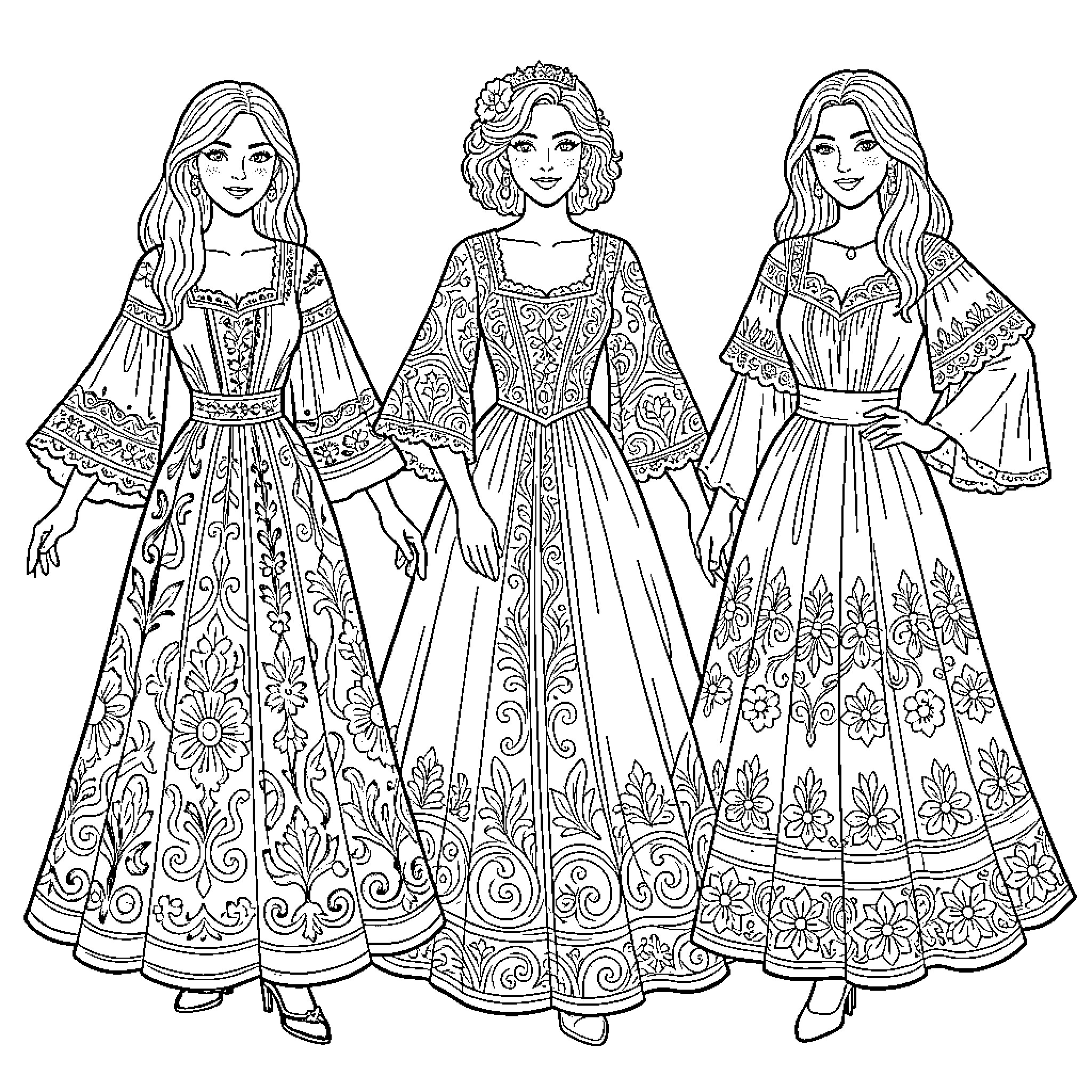 Outfit showcase of medieval-inspired dresses Coloring Page (free black-and-white line drawing printable PDF for all, from beginners to advanced learners, including children, teens, adults, and seniors)