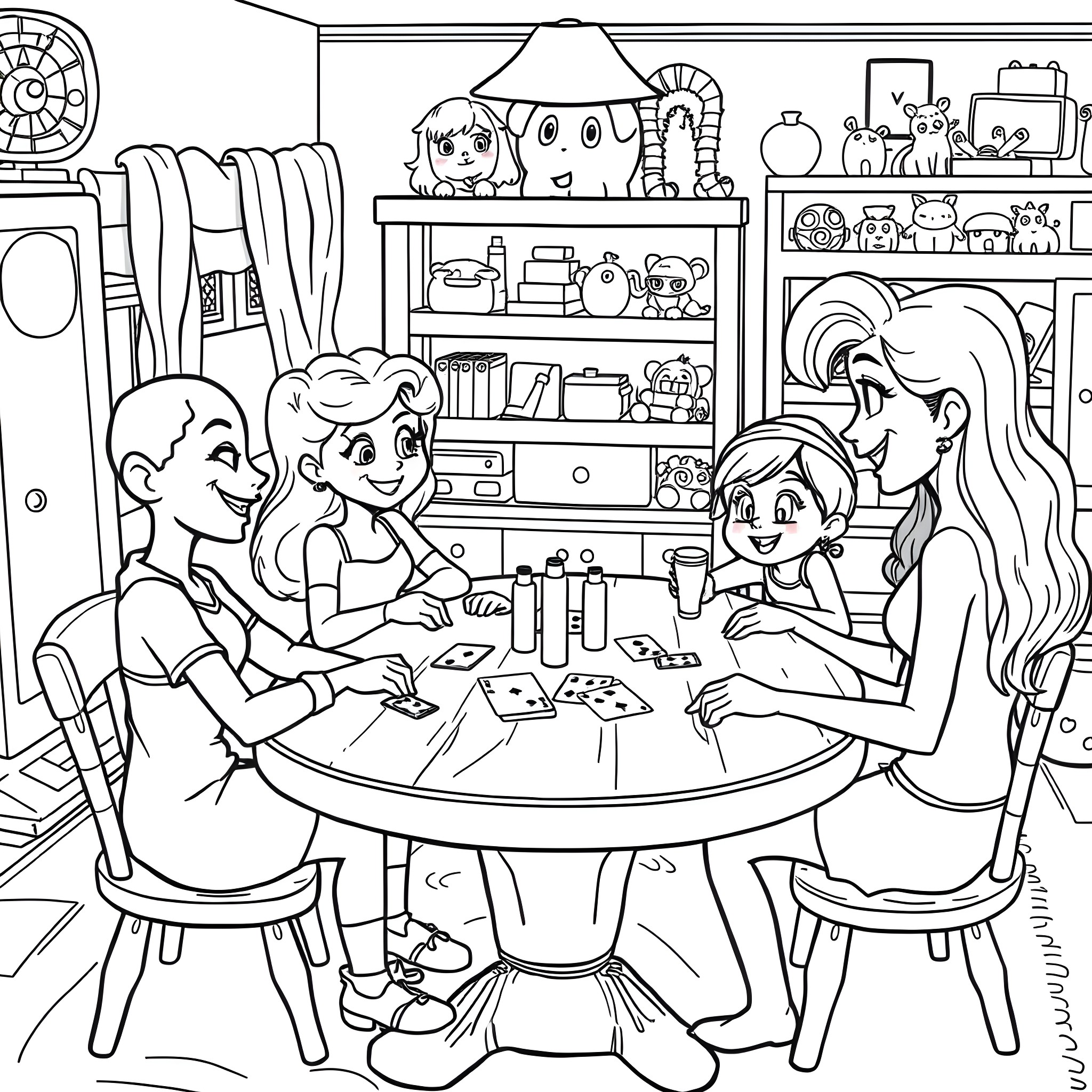 Bluey's family playing together in their cozy home Coloring Page (free black-and-white line drawing printable PDF for all, from beginners to advanced learners, including children, teens, adults, and seniors)