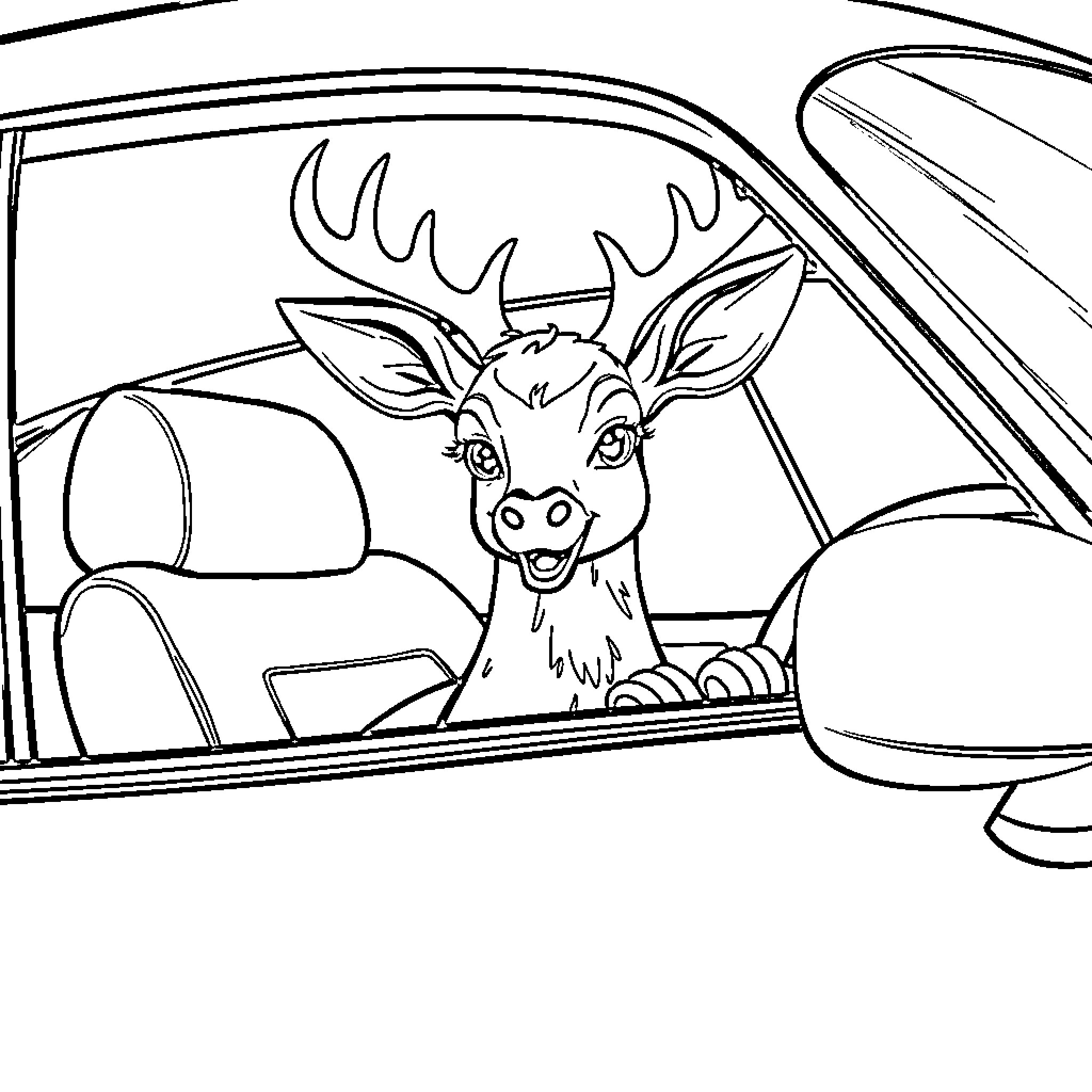 Deer happily peeking out of a car window Coloring Page (free black-and-white line drawing printable PDF for all, from beginners to advanced learners, including children, teens, adults, and seniors)