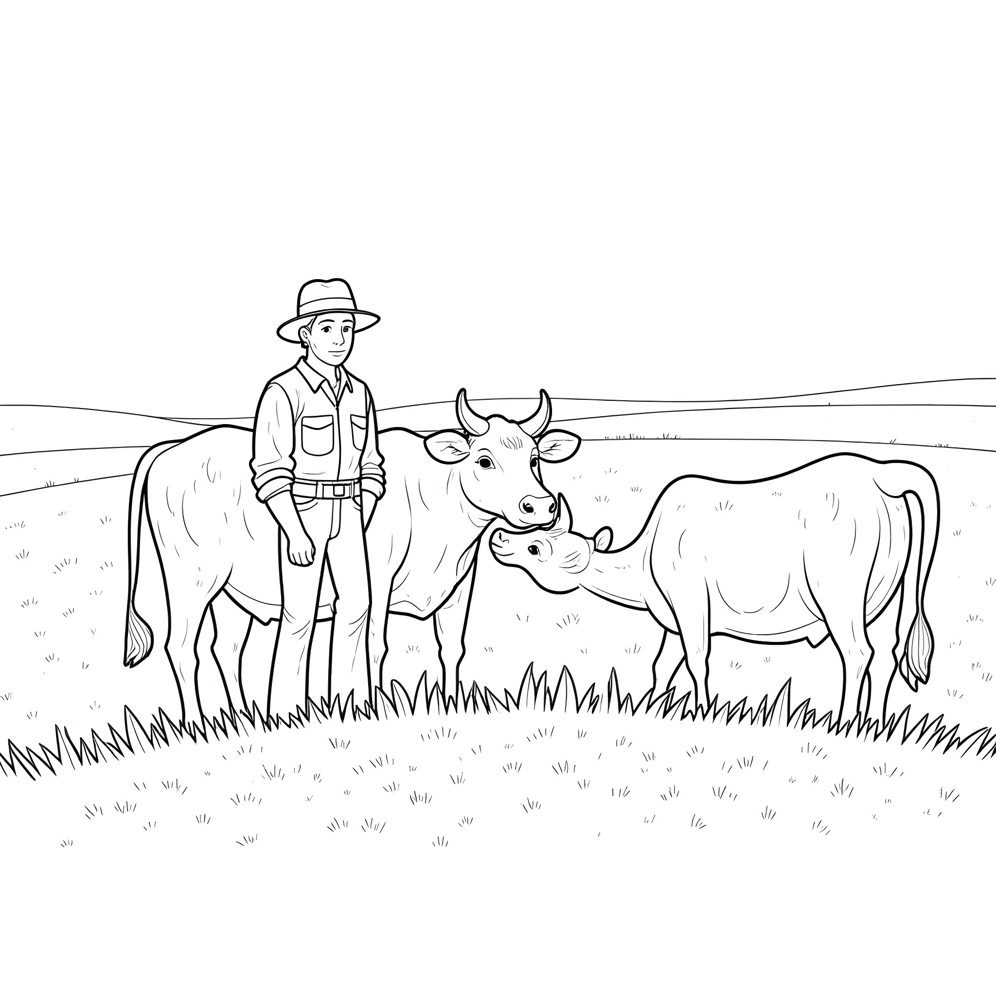 Agriculturalist tending to cows in the pastoral field Coloring Page (free black-and-white line drawing printable PDF for all, from beginners to advanced learners, including children, teens, adults, and seniors)