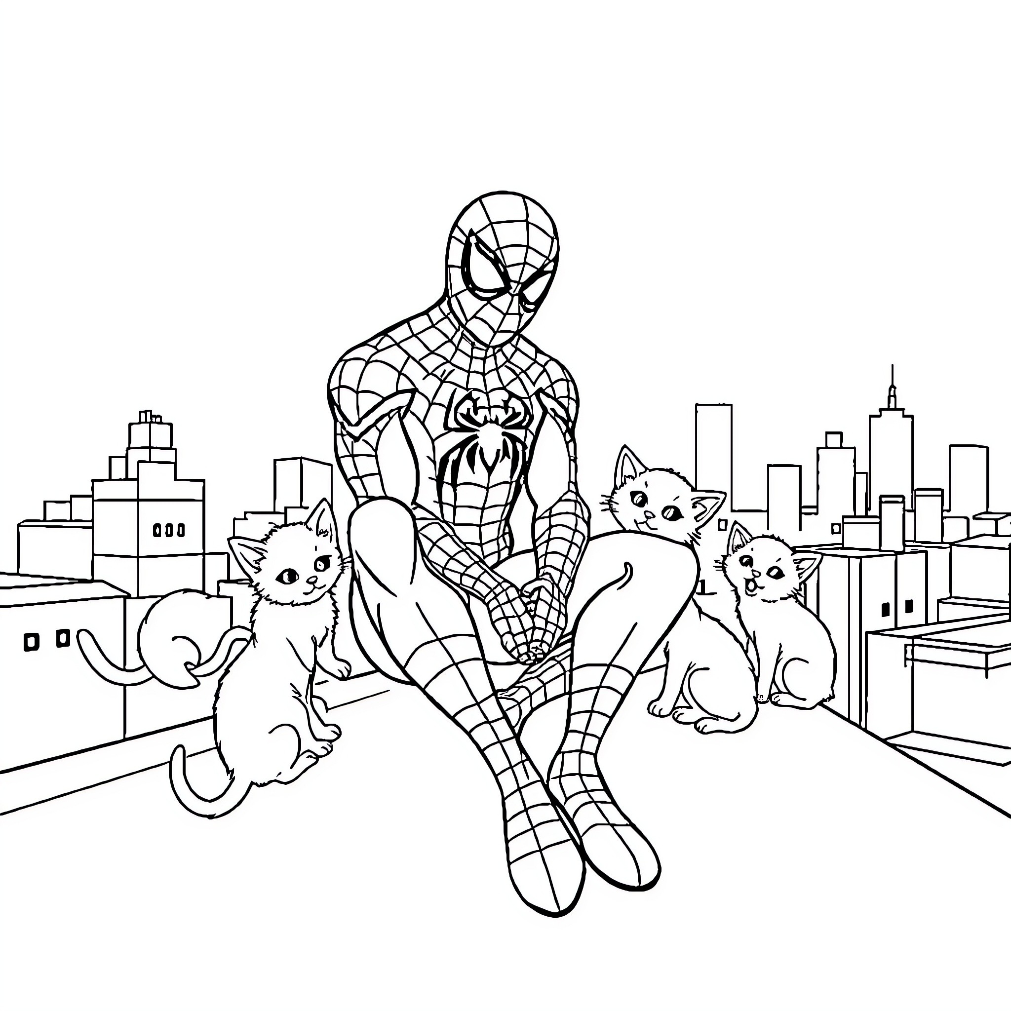 Spiderman protects the city with cute kittens Coloring Page (free black-and-white line drawing printable PDF for all, from beginners to advanced learners, including children, teens, adults, and seniors)