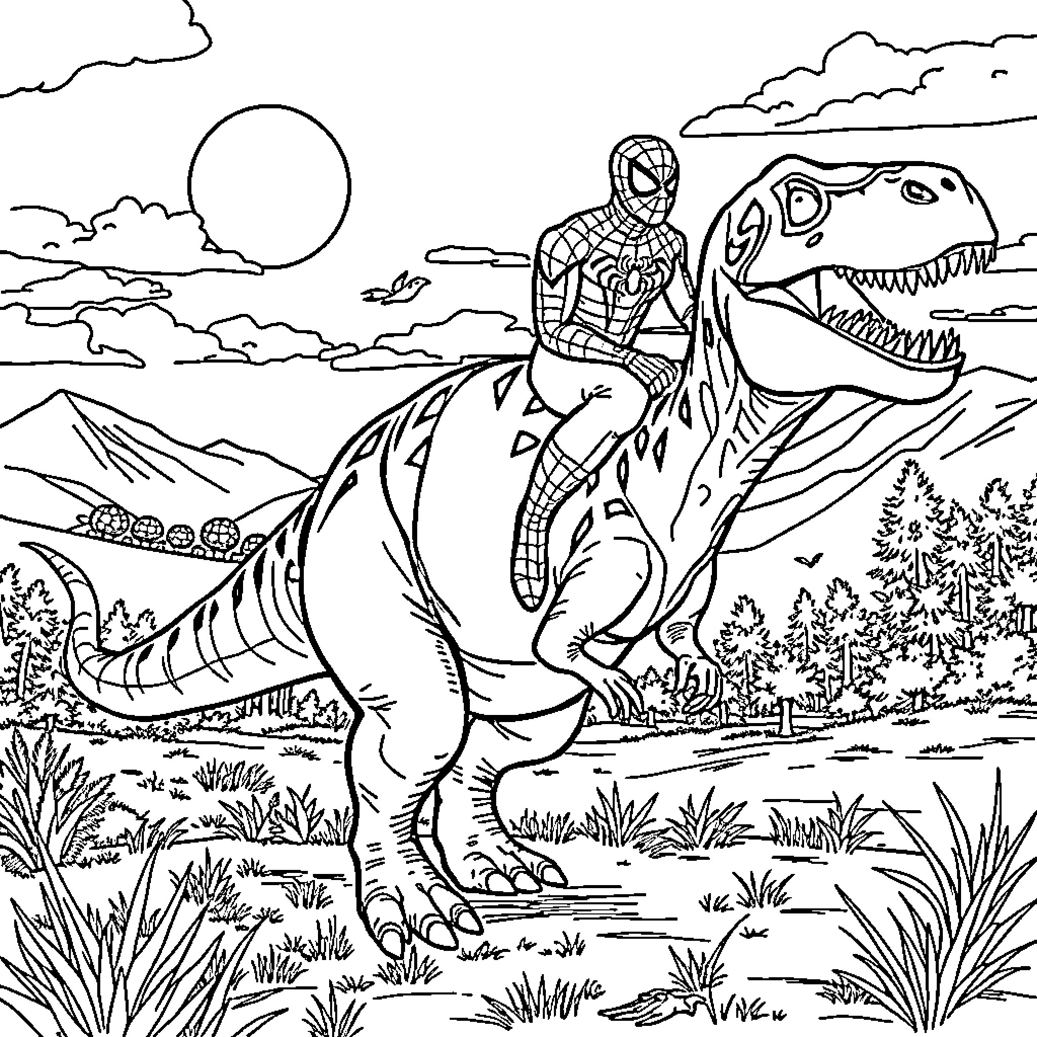 Spiderman riding a large dinosaur through a prehistoric landscape Coloring Page (free black-and-white line drawing printable PDF for all, from beginners to advanced learners, including children, teens, adults, and seniors)