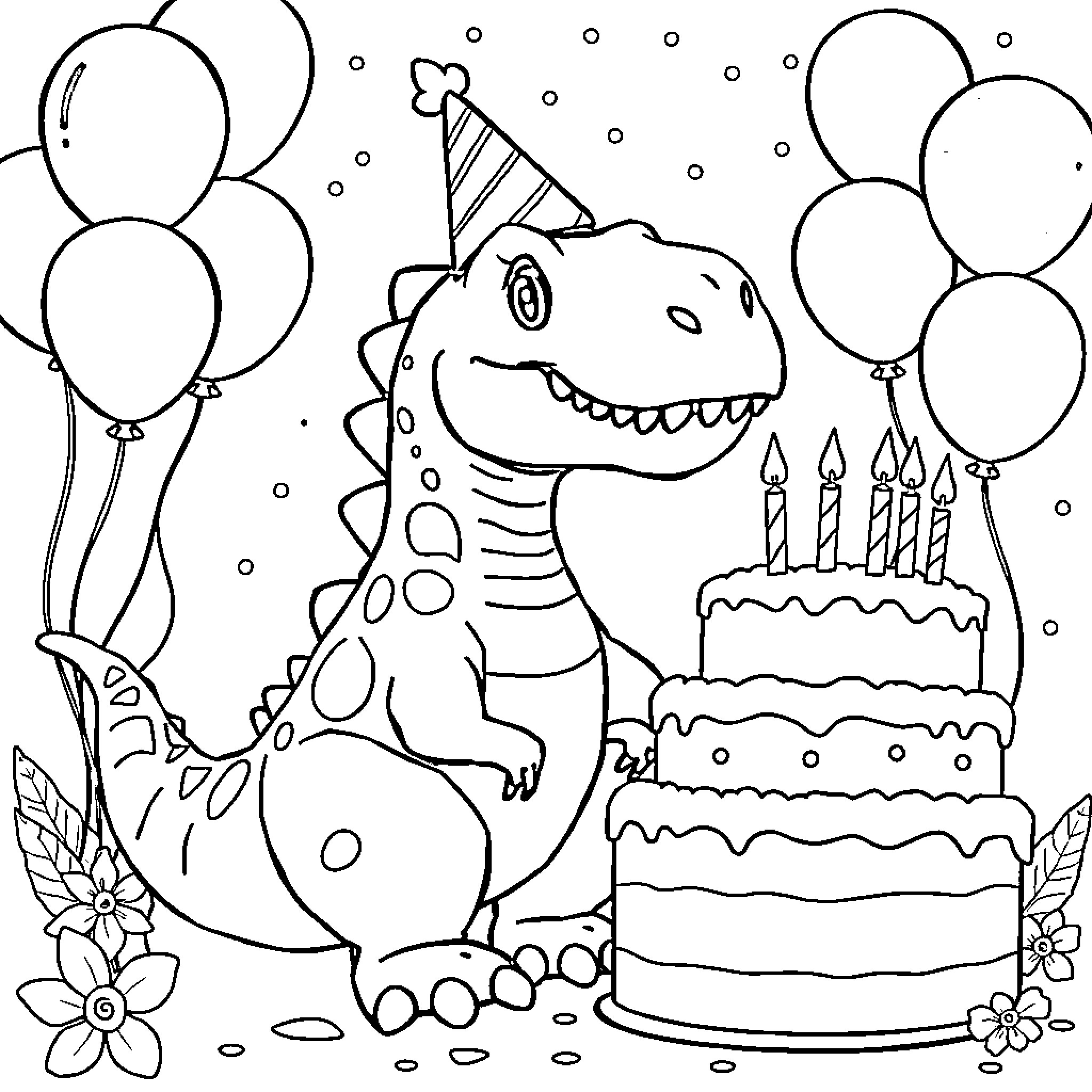 Dinosaur celebrates birthday with cake and balloons Coloring Page (free black-and-white line drawing printable PDF for all, from beginners to advanced learners, including children, teens, adults, and seniors)