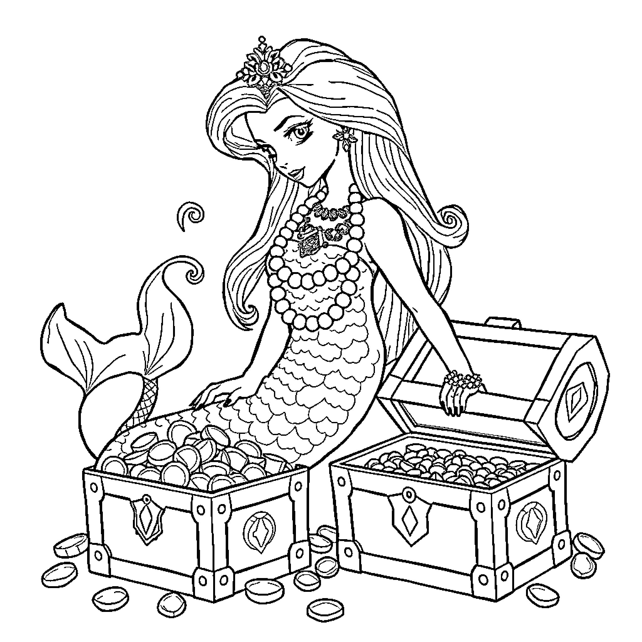 Mermaid guarding her treasure trove Coloring Page (free black-and-white line drawing printable PDF for all, from beginners to advanced learners, including children, teens, adults, and seniors)