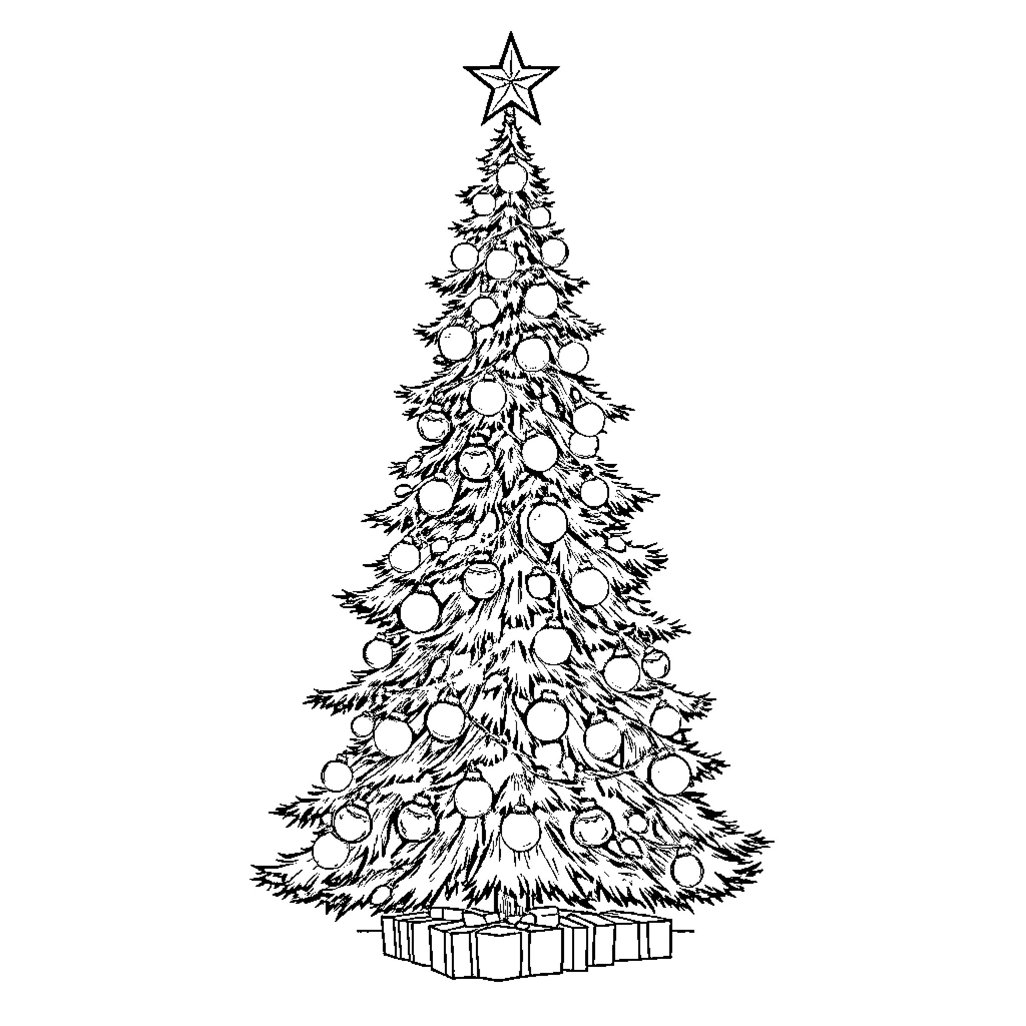 Christmas Tree Adorned with Ornaments and Star Coloring Page (free black-and-white line drawing printable PDF for all, from beginners to advanced learners, including children, teens, adults, and seniors)